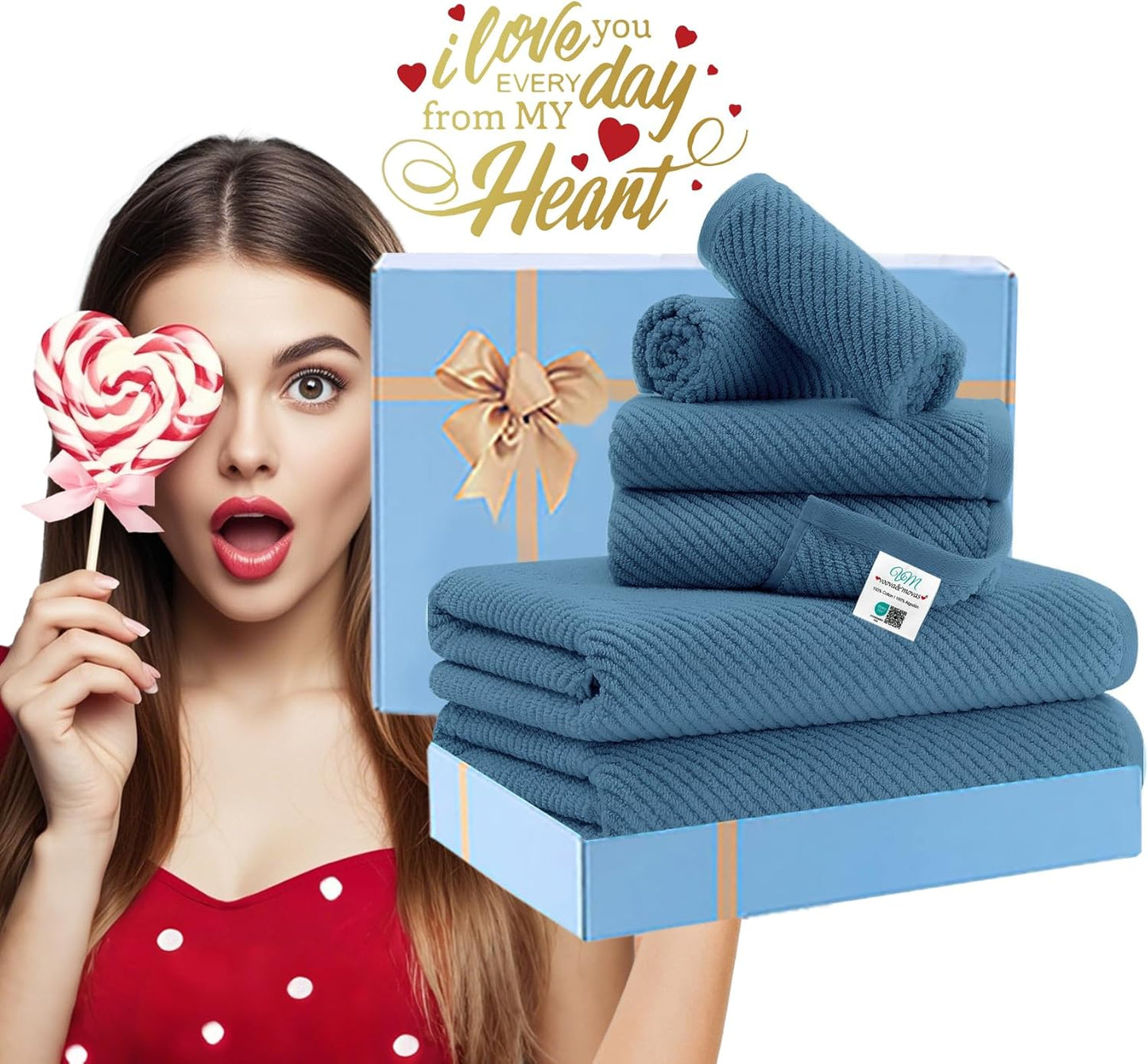 VOOVA & MOVAS Blue Towels Bathroom Sets, 100% Cotton | Lightweight | Soft | Quick Dry | Thick, Towel Set of 6, 2 Large Bath 30"x56", 2 Hand 18"x28", 2 Wash Cloths 13"x13", Denim Blue Towel Gift