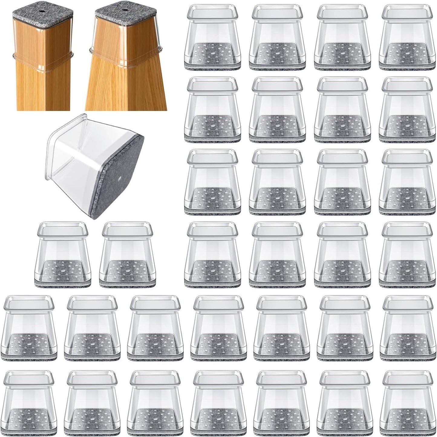 32 Pcs Square Chair Leg Protectors for Hardwood Floors,Felt Furniture Floor Protectors with Silicone Caps, Large Size (Fits Chair Legs with Side Length: 1-1/16'' to 1-5/8''")