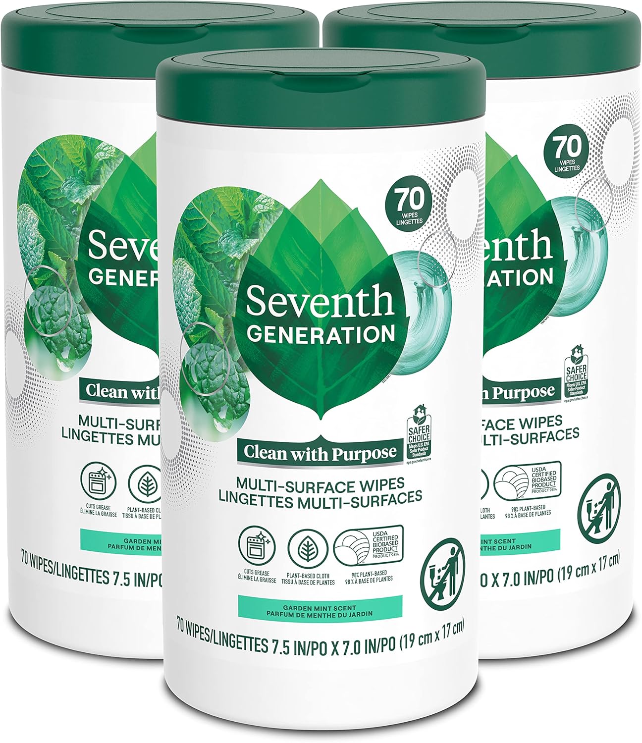 Seventh Generation Multi Purpose Wipes All Purpose Cleaning Garden Mint scent with 100% Essential Oils and Botanical Ingredients 70 count, Pack of 3