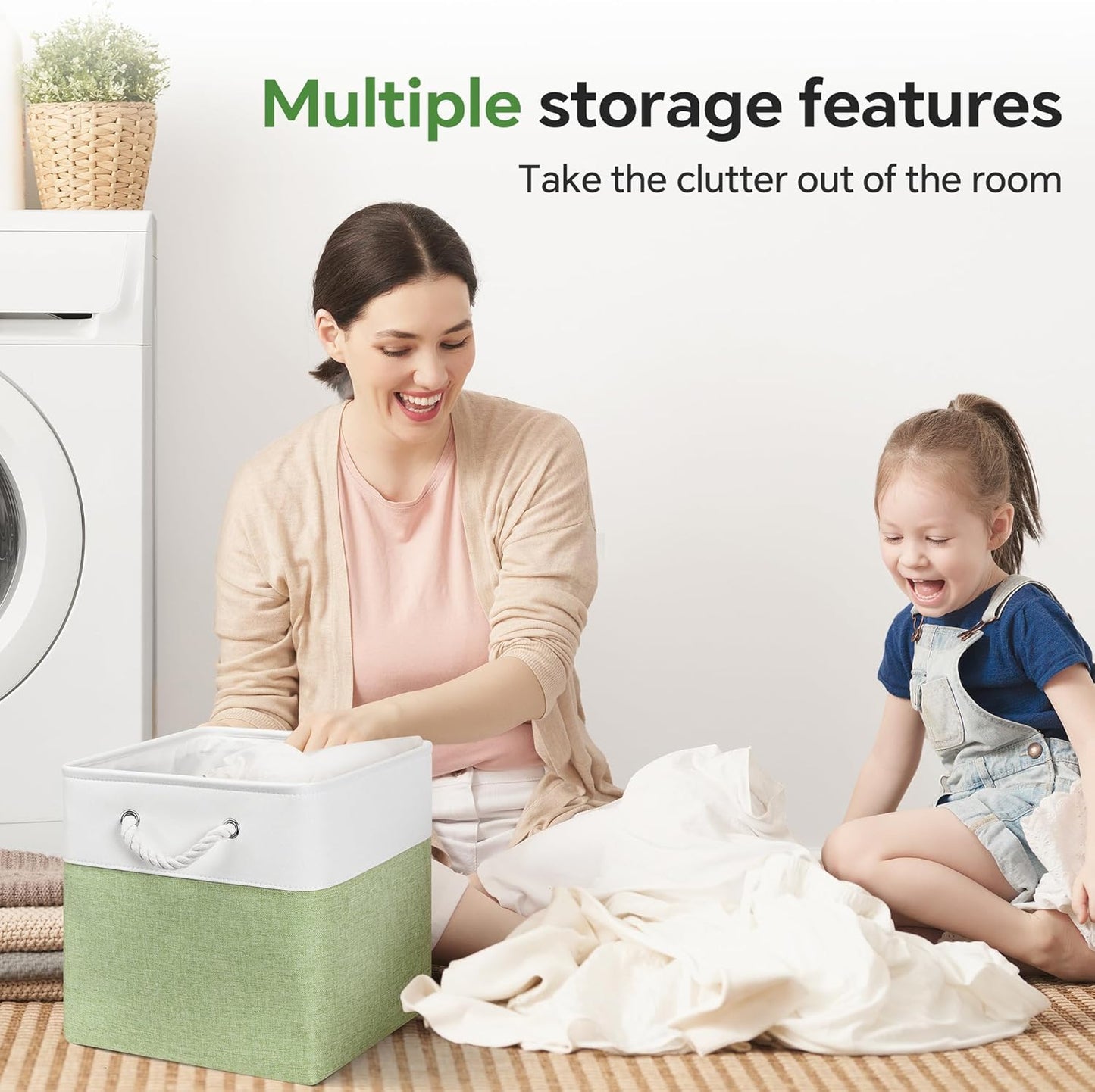 13x13 Inch Cube Storage Bins with Reinforced Bottom Cardboard, 6 Pack Large Collapsible Fabric Storage Cubes with Handles for Shelf, Closet, Toy, Laundry Organization (White&Green)