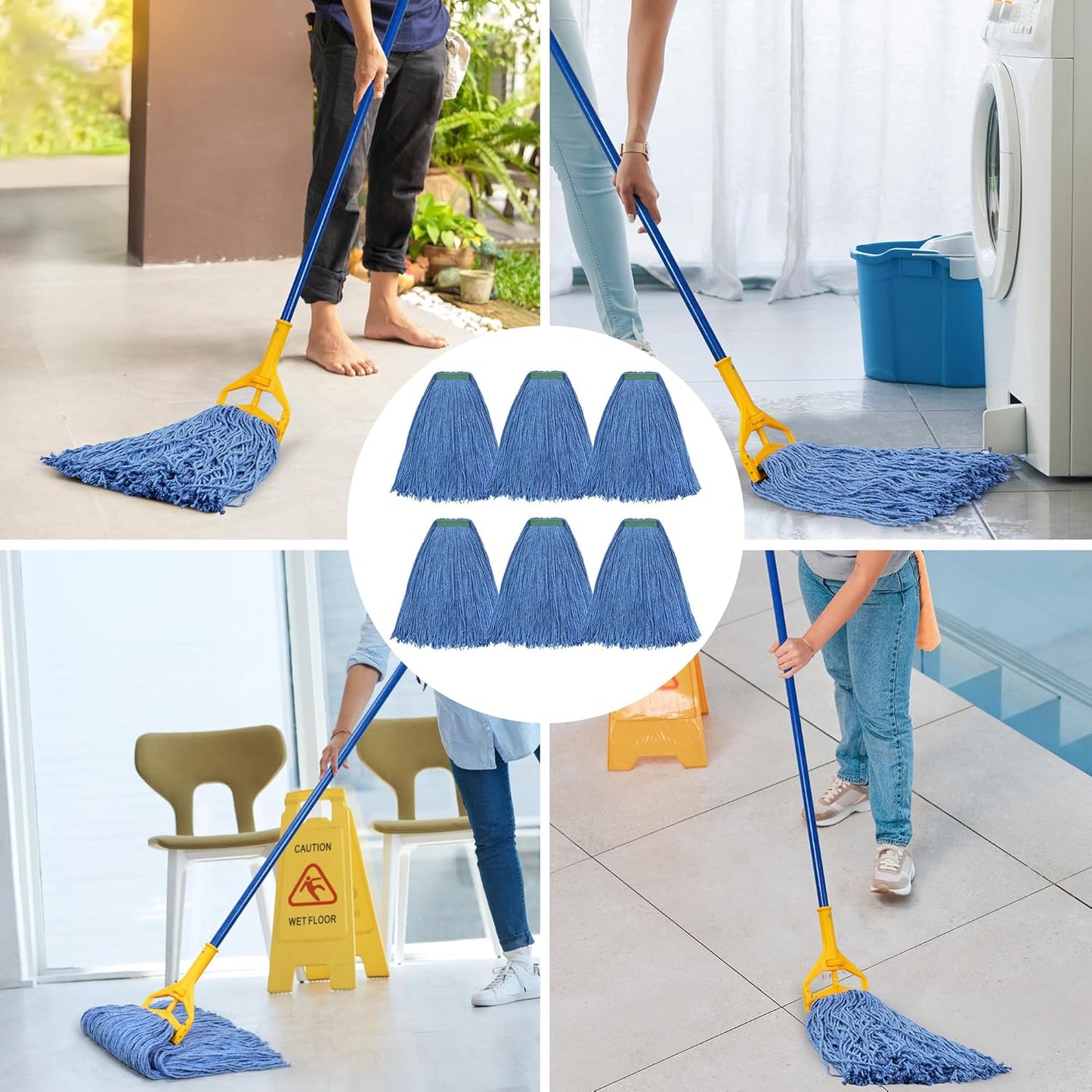 Matthew Cleaning 16oz 6Pack Cotton Floor Mop,Cotton Looped-Open String Heavy Duty String Mop Refills, Universal Headband Blend Mop,Mop Head Replacement for Home, Industrial and Commercial Use(Blue)