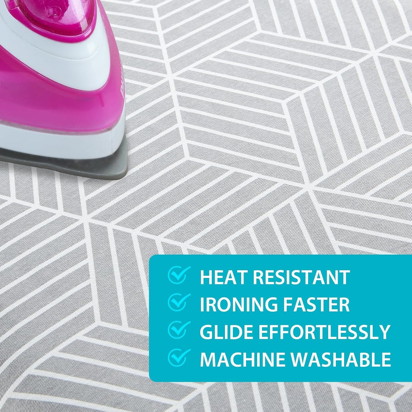 Wide Ironing Board Cover with Padding 18 x 49 inch Heat Reflective with Hook and Loop Fasteners, Thick Padding with Elasticized Edges, 3 Layers Iron Board Cover (Gray Cube)