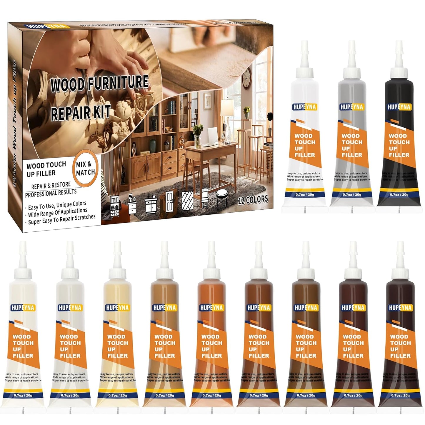 Wood Repair Kit, 12 Color Wood Fillers, Furniture Repair Kit, Repair Scratch, Cracks, Stains, Discoloration for Wood Furniture, Door, Cabinet, Floor, Table Surface Wood Touch up Filler Wood Paint