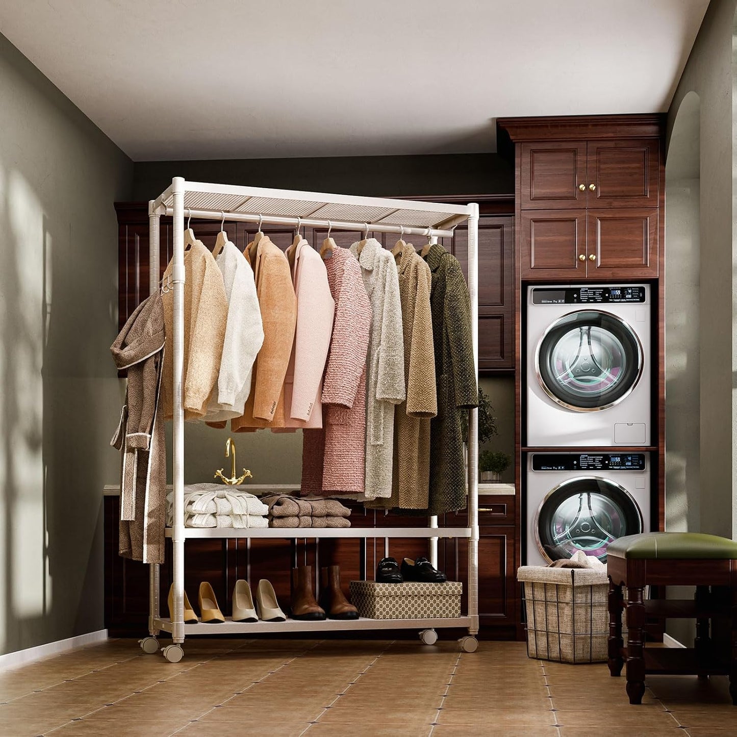 IZEUK Heavy Duty Rolling Garment Rack Wire Clothes Rack for Hanging Clothes, Metal Freestanding Closet Wardrobe Rack with Double Rods and Side Hooks Gold 17.7" D x 45.3" W x 70.3" H