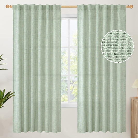 YoungsTex Sage Green Linen Curtains for Living Room 2 Panels, Semi Sheer Drapes Boho Light Filtering Window Treatments with Back Tab Rod Pocket for Office Dining Bedroom, 52 X 72 Inch