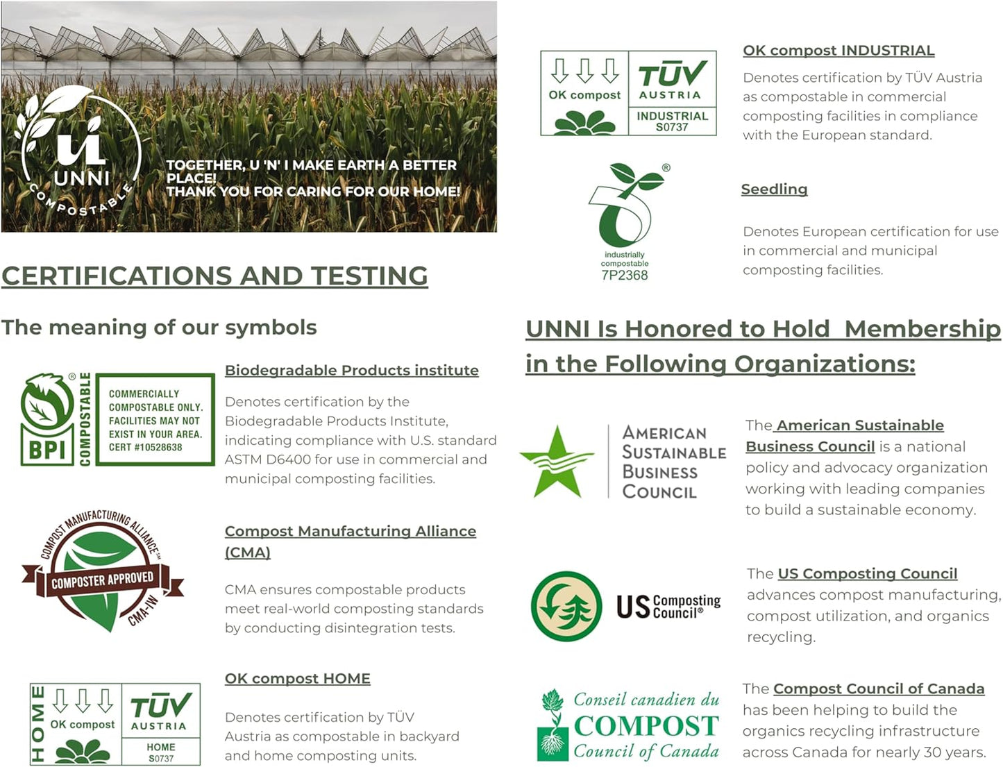 UNNI Compostable Trash Bags, 4 Gallon / 15 Liter, 100 Count, Extra Thick 0.75 mil Small Kitchen Food Scrap Bin Liners, Certified by BPI, CMA & OK compost HOME, Meets the ASTM D6400 Standard