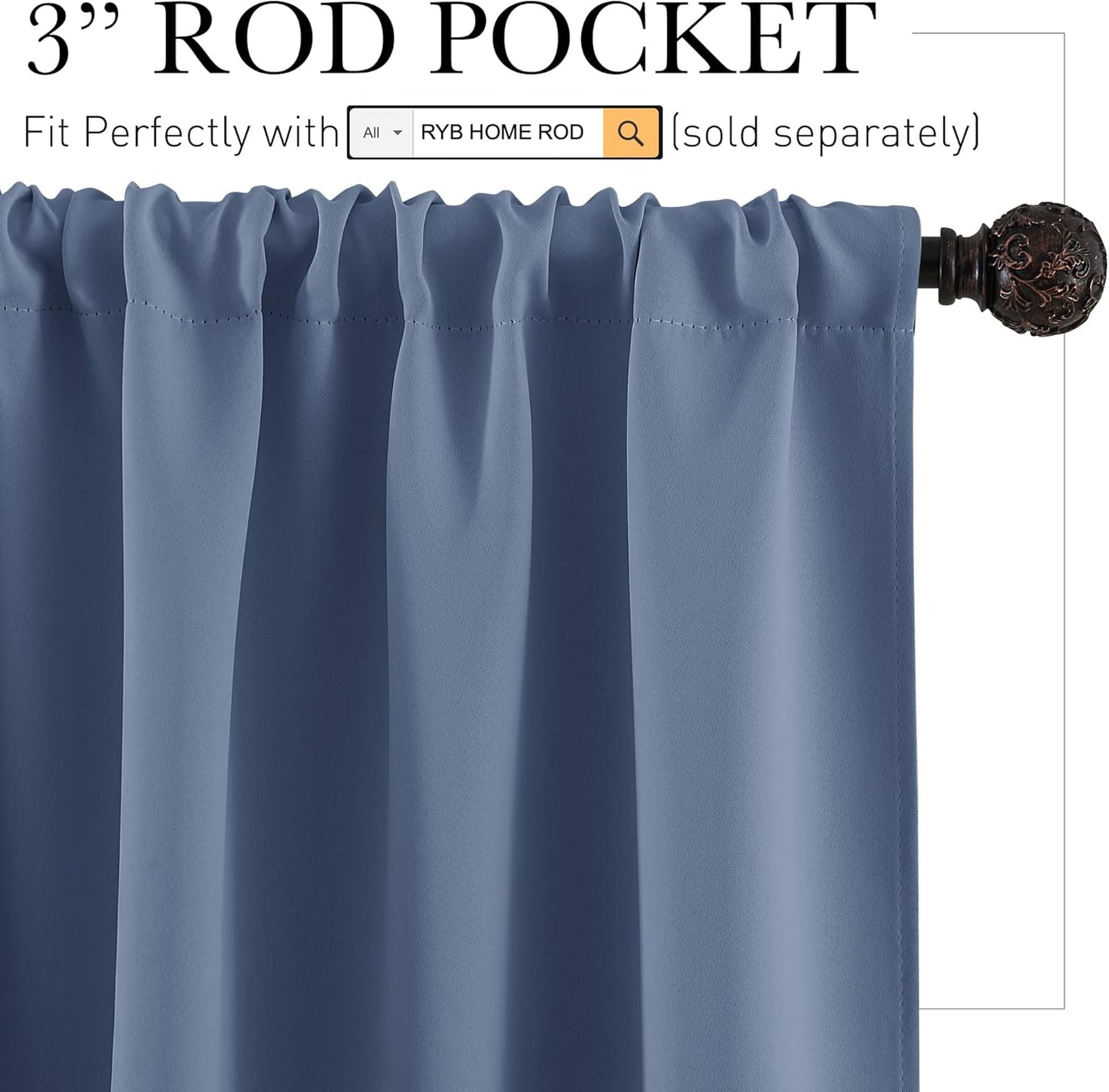 RYB HOME Blue Blackout Curtains 70 inch Width - Rod Pocket Room Darkening Window Shades Privacy Theraml Insulated Backdrops for Living Room Home Office, W70 x L84 inch, Stone Blue, 1 Pair