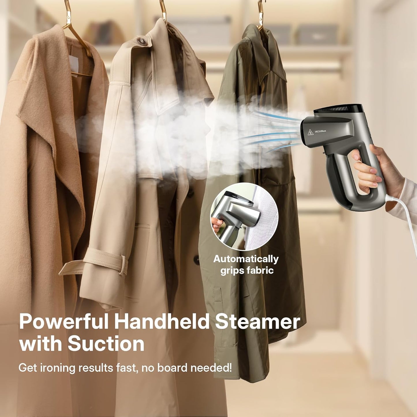 GKJ Steamer for Clothes, Handheld Vacuum Steamer 2300 Pa Suction, Portable Travel Steamers for Clothes, Steaming & Ironing 2 In 1, Auto-Grip, Removes Wrinkle