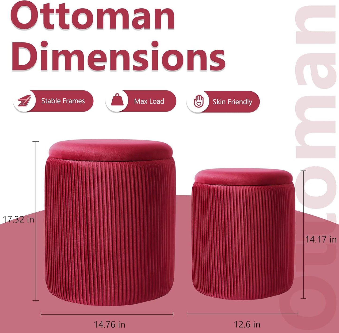 Royal Windsor Round Ottoman with Storage Set of 2,Vanity Stool with Storage for Bedroom, Ottoman Coffee Table,Small Velvet Foot Stool for Living Room, Burgundy