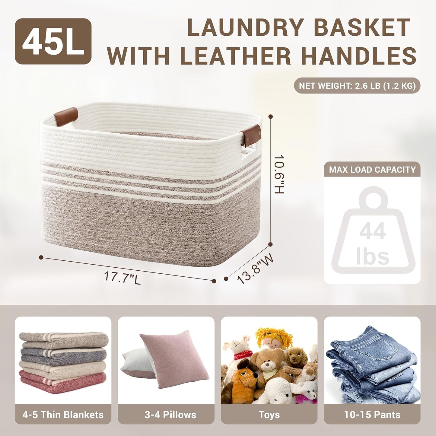 45L Small Laundry Basket with Leather Handles for Living Room Storage, Woven Rope Baskets Bin for Blanket, Kids Toy, Gifts, Wicker Hamper for Bedroom Dirty Clothes, 18"x14"x11" White Brown