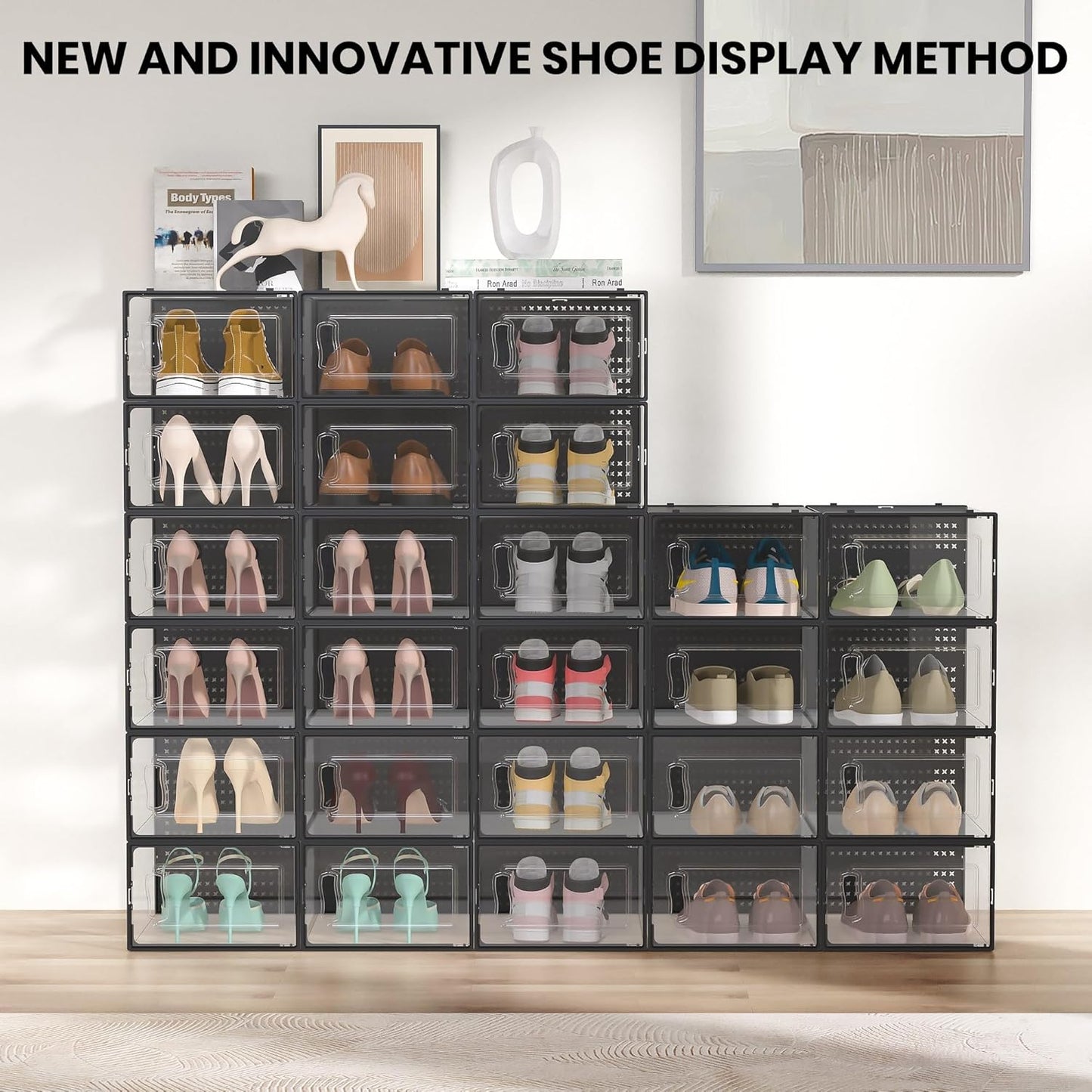 12 Pack XXX-Large Modular Clear Plastic Stackable Shoe Storage Organizer for Closet, Space Saving Versatile Sneaker Shoe Rack Containers Bins Holders, Portable Closet Organizers and Storage, Black