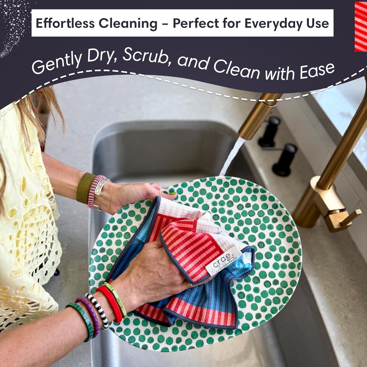 Microfiber Hand Towel & Washcloth Set of 2 - Double-Sided, Waffle Weave, Super Absorbent, Lint-Free, Fast Drying - Stars & Stripes Pattern for Bathroom, Kitchen, Car, and Window Cleaning