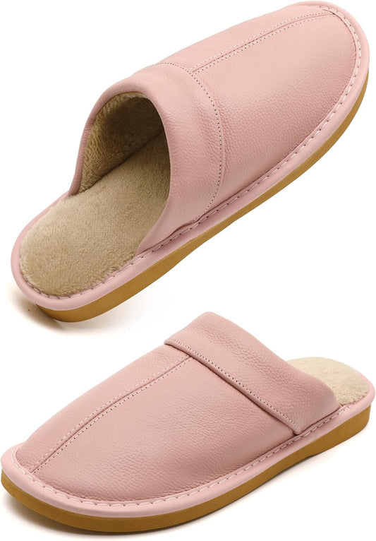 Slippers for Women Men, Genuine Leather Slippers Indoor Outdoor, Fuzzy Bedroom House Shoes for Women Men, Plush Lining Womens Sandals Slip-on