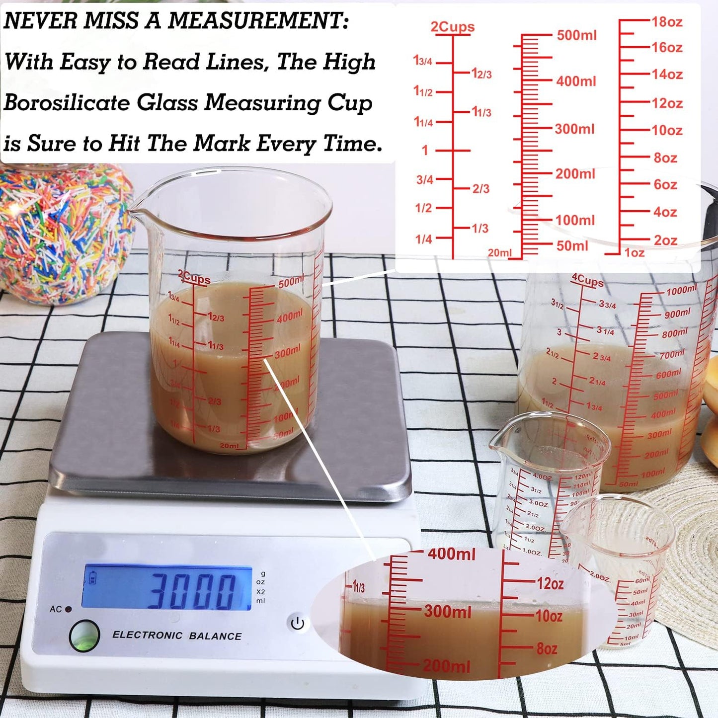 High Borosilicate Glass Measuring Cup-V-Shaped Spout，Glass Measuring Beaker for Kitchen or Restaurant, Easy to Read, 500 ML (16 Oz, 2 Cup)