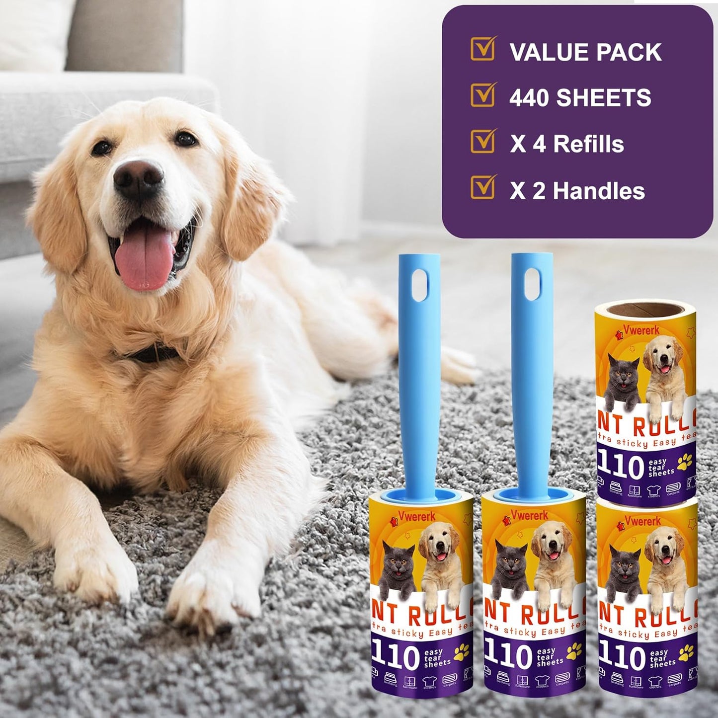 Lint Rollers for Pet Hair Extra Sticky, 440 Sheets/4 Lint Roller Refills with 2 Durable Handles, Pet Hair Roller for Clothes, Furniture, Carpet