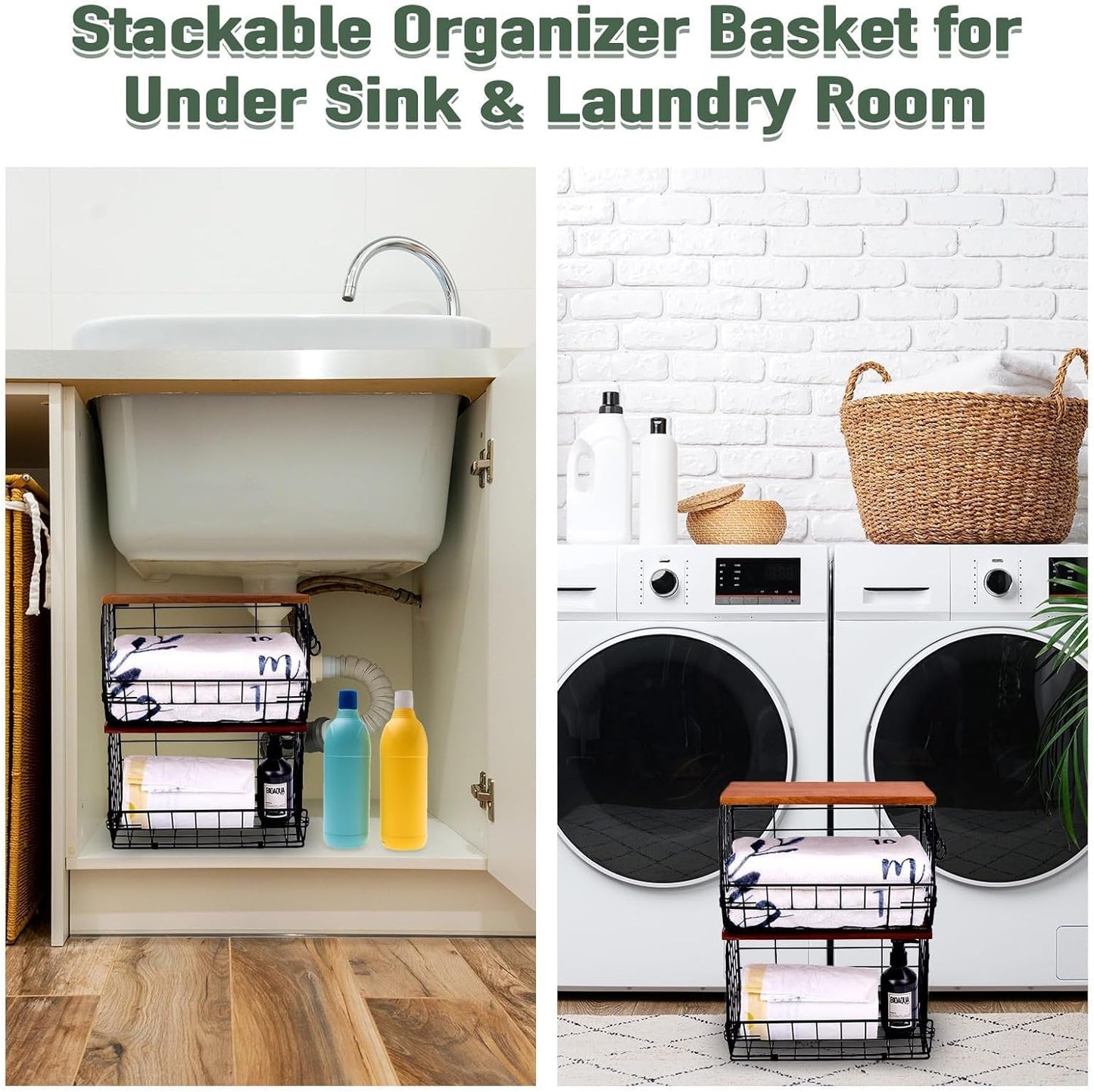 2 Pack XL Trash Bag Holder, Stackable Garbage Bag Dispenser with Wood Lid for Kitchen Countertop Pantry, Laundry & Under Sink Organization Storage