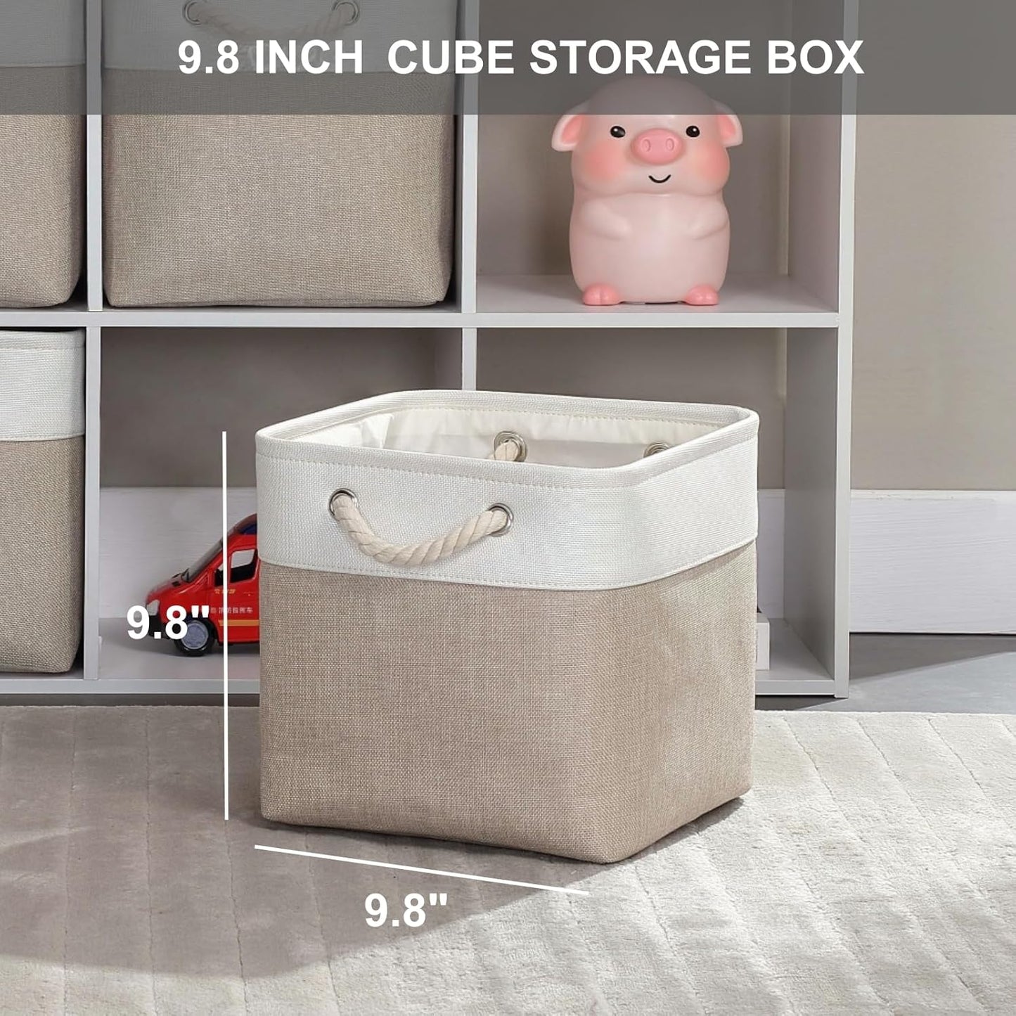 Mangata Canvas Storage Boxes, 9.8 Inch Cube Storage Bins Set of 6 for 10 Inch Cabinets, Fabric Baskets with Cotton Rope Handle for Organizing Clothes Nursery Home (Khaki/White)