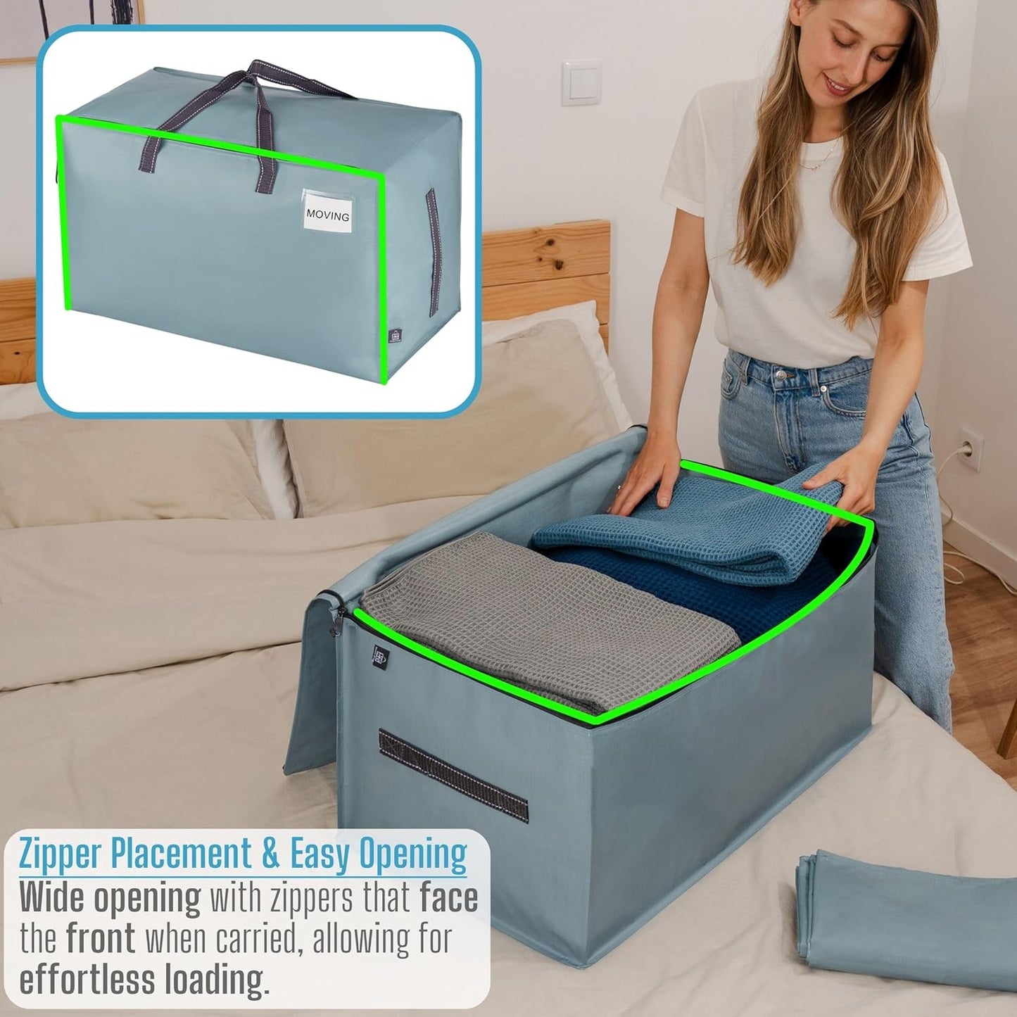 VENO 10 Pack Moving and Storage Bags, Heavy Duty, Alternative to Moving Boxes, Large Packing Totes Supplies for College Dorm Room with Zipper for Clothes, Wide Open Design (Light Blue Matte, 10 Pack)