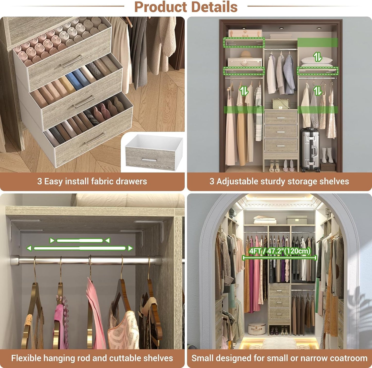 4FT Small Closet System with 3 Fabric Drawers, 48'' Closet Organizer System With 3 Adjustable Shelves, Flexible Built-In Clothes Garment Rack for Small Space, 48"L x 13"W x 71"H, White Oak