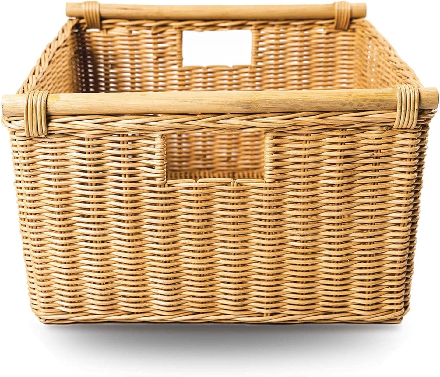 The Basket Lady Deep Pole Handle Wicker Storage Basket, Medium, 13.5 in L x 14 in W x 9 in H, Sandstone