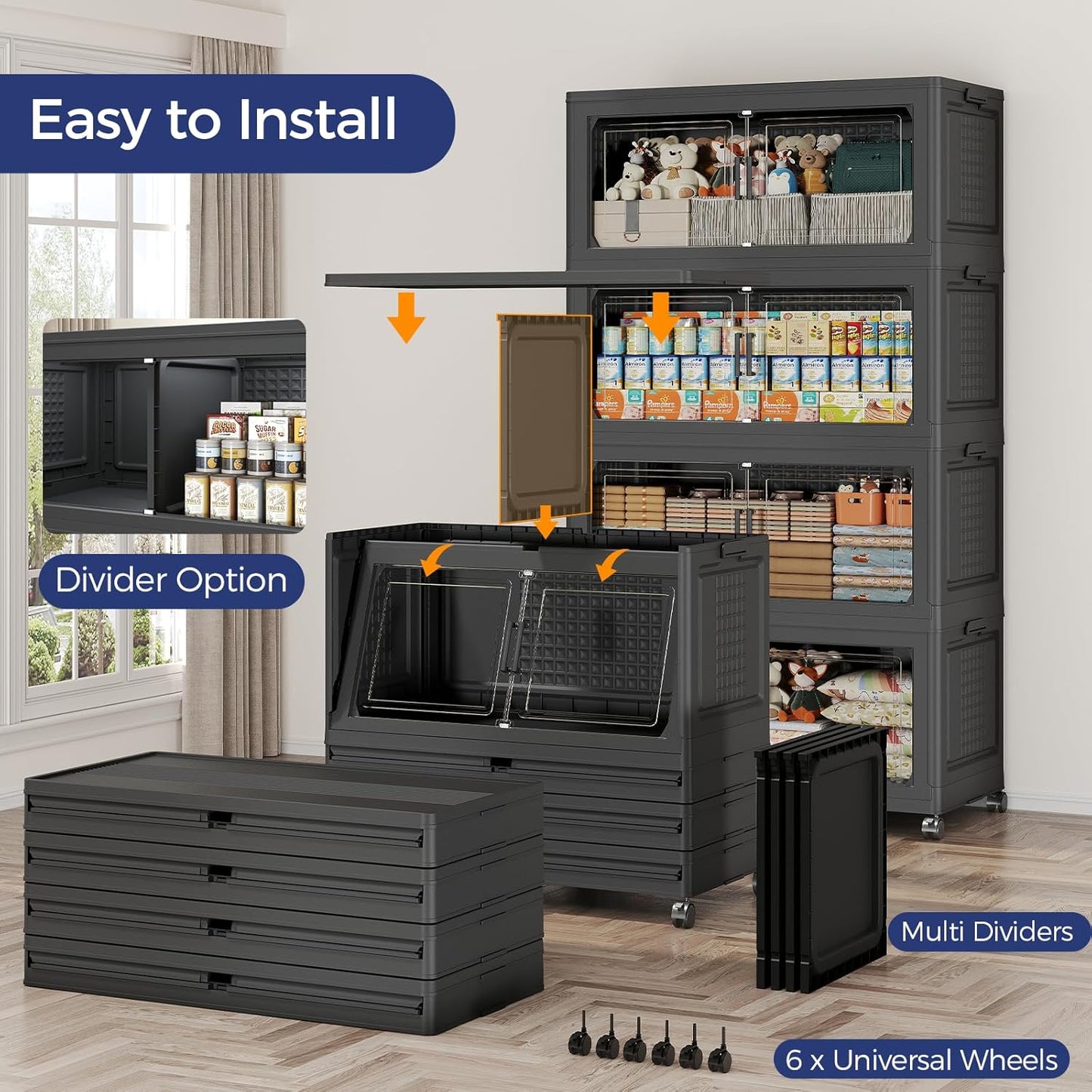 200GAL Extra Large Storage Bins with Lid, 800Qt Stackable Closet Organizers and Drawers, Collapsible Storage Bins with Wheels, Folding Storages Cabinet for Home Bedroom Office, 5Pack Black