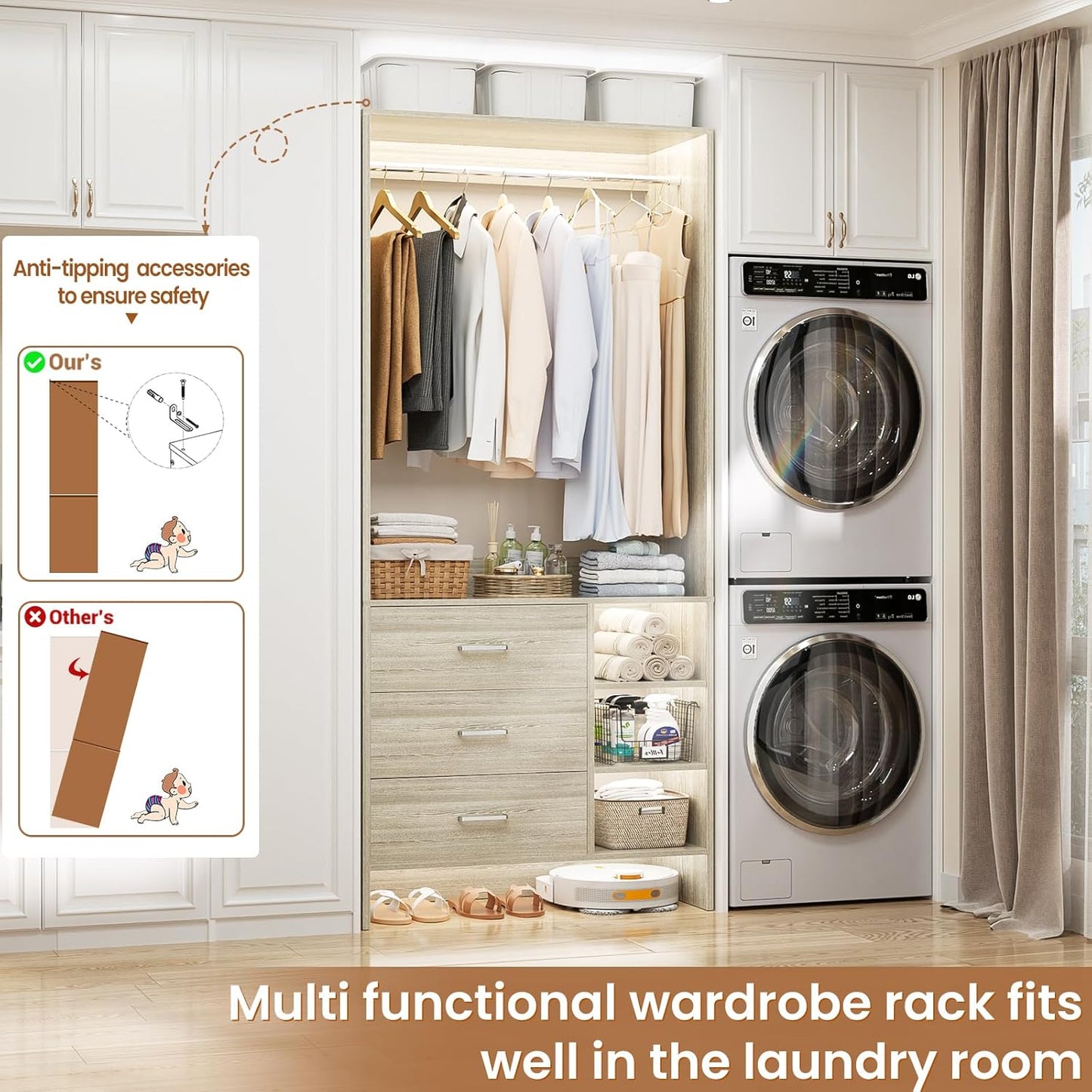 Aheaplus 2.5FT Closet System with 3 Drawers, 29.5’’ Closet Organizer, Wood Closet Organizer System, Walk-in Closet or Small Closets Wardrobe, Clothes Rack with Hanging Rods,-E6, White Oak