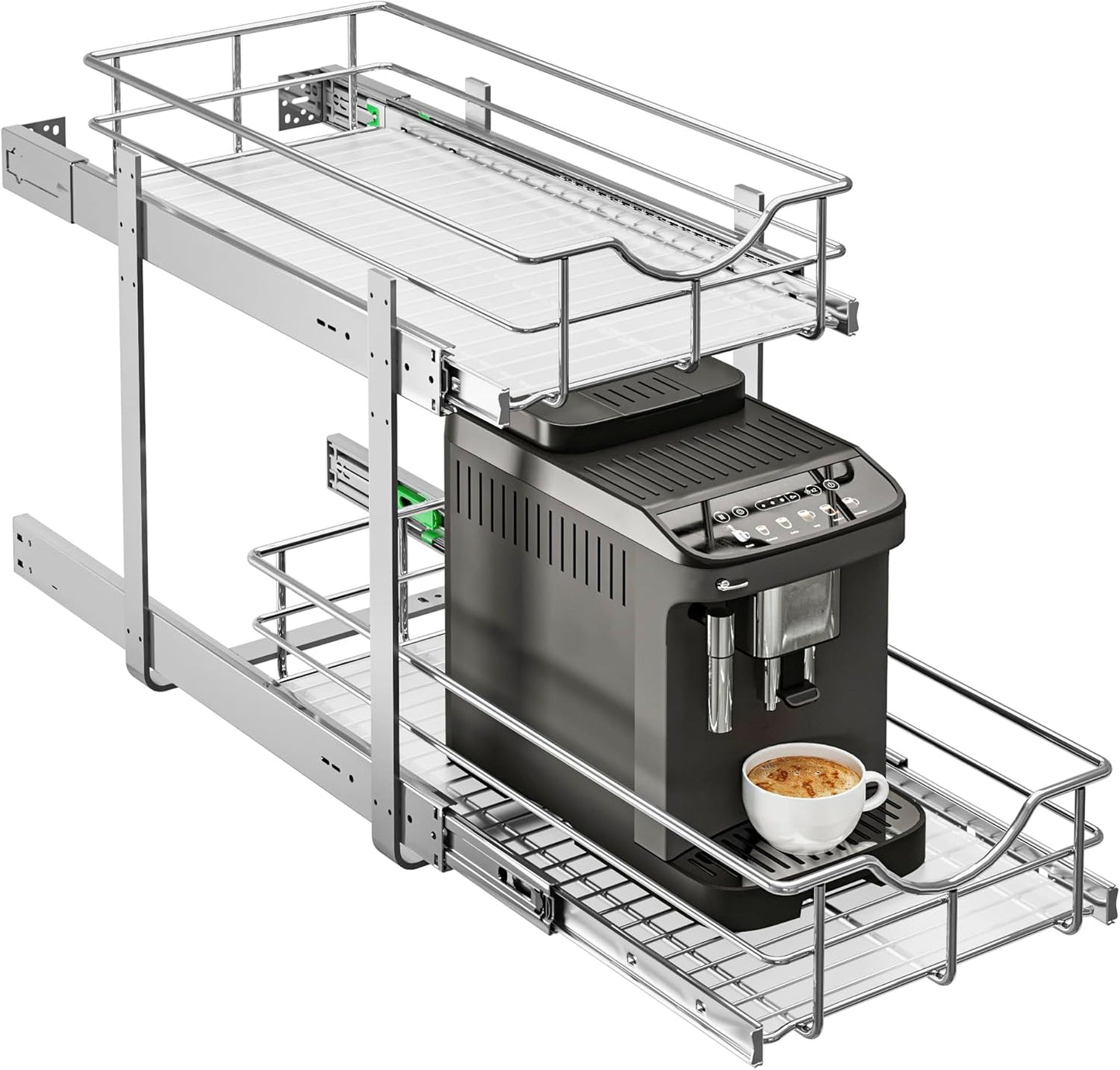 WelFurGeer 2-Tier Stainless Steel Pull Out Cabinet Organizer, Soft Close Damping Slides, Heavy Duty Chrome Plated Wire Basket with Shelf Liner, Perfect for Kitchen Cabinets, Pantry Storage, Under Sink