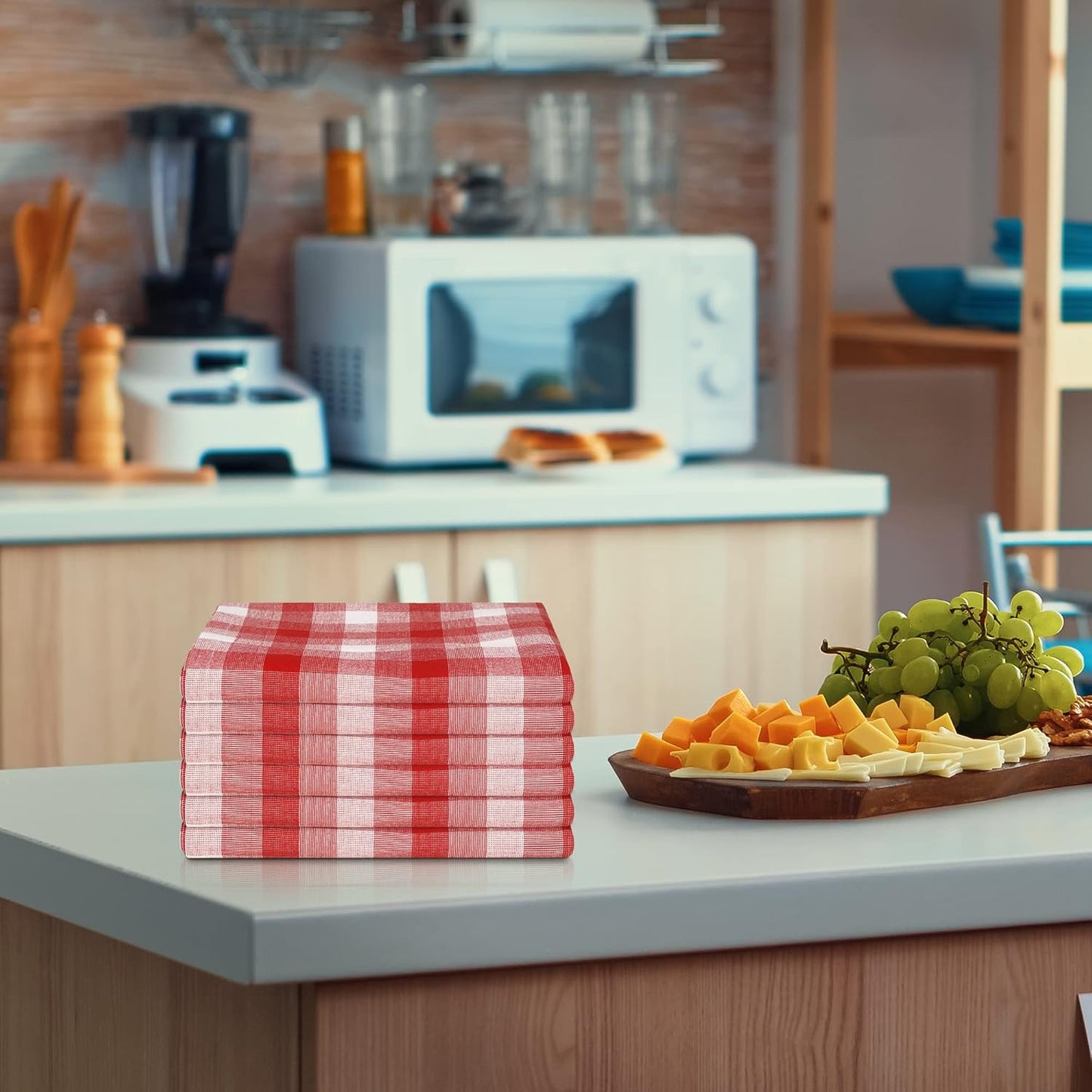 Kitchen Towels Set of 6 Soft Premium Cotton Highly Absorbent Dish Towels 20X30 Inches, Washable & Reusable Tea Towel, Quick Drying Dish Cloths for Cleaning Dishes - Red/White, Checks