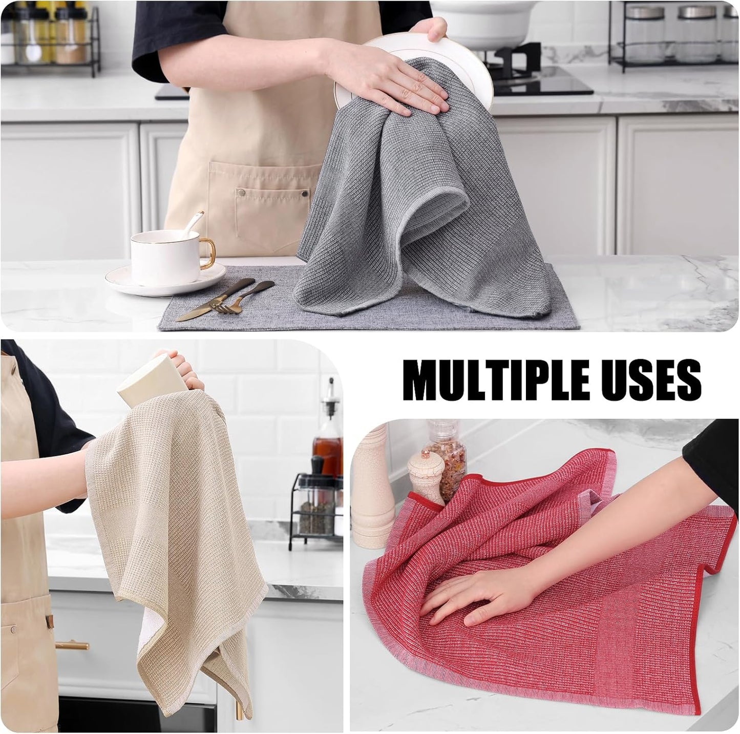 Homaxy Premium Kitchen Towels(18”x 28”, 6 Pack), Large Cotton Kitchen Hand Towels, Flat and Terry Dish Towels, 380 GSM Highly Absorbent Tea Towel Set with Hanging Loop, Red/Grey/Khaki