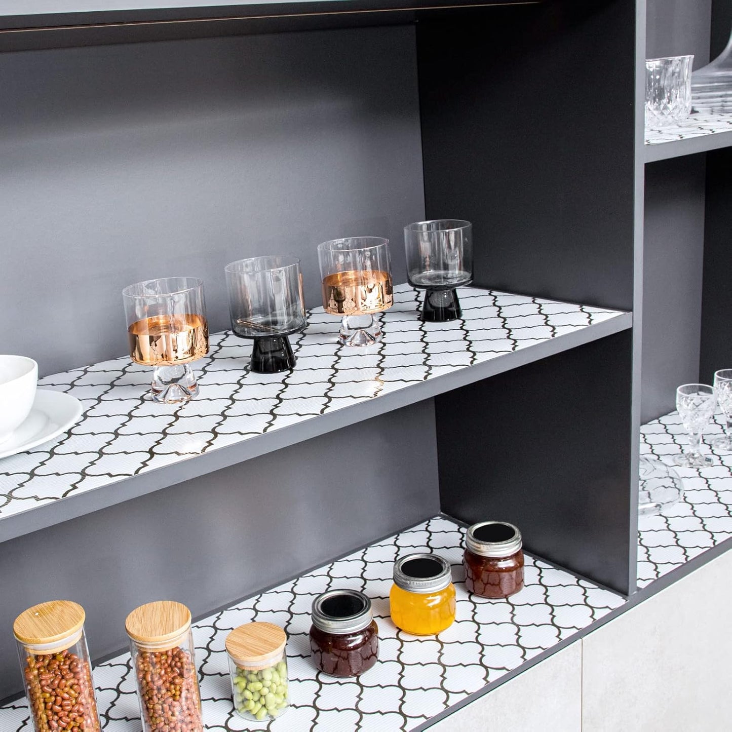 Glotoch Non Slip Shelf Liner 24 Inch Wide, Non Adhesive Drawer Liner, Waterproof Shelf Liners for Kitchen Cabinets/Refrigerator/Wire Shelving/Bathroom/Pantry-Heavy Duty, Durable, White Quatrefoil