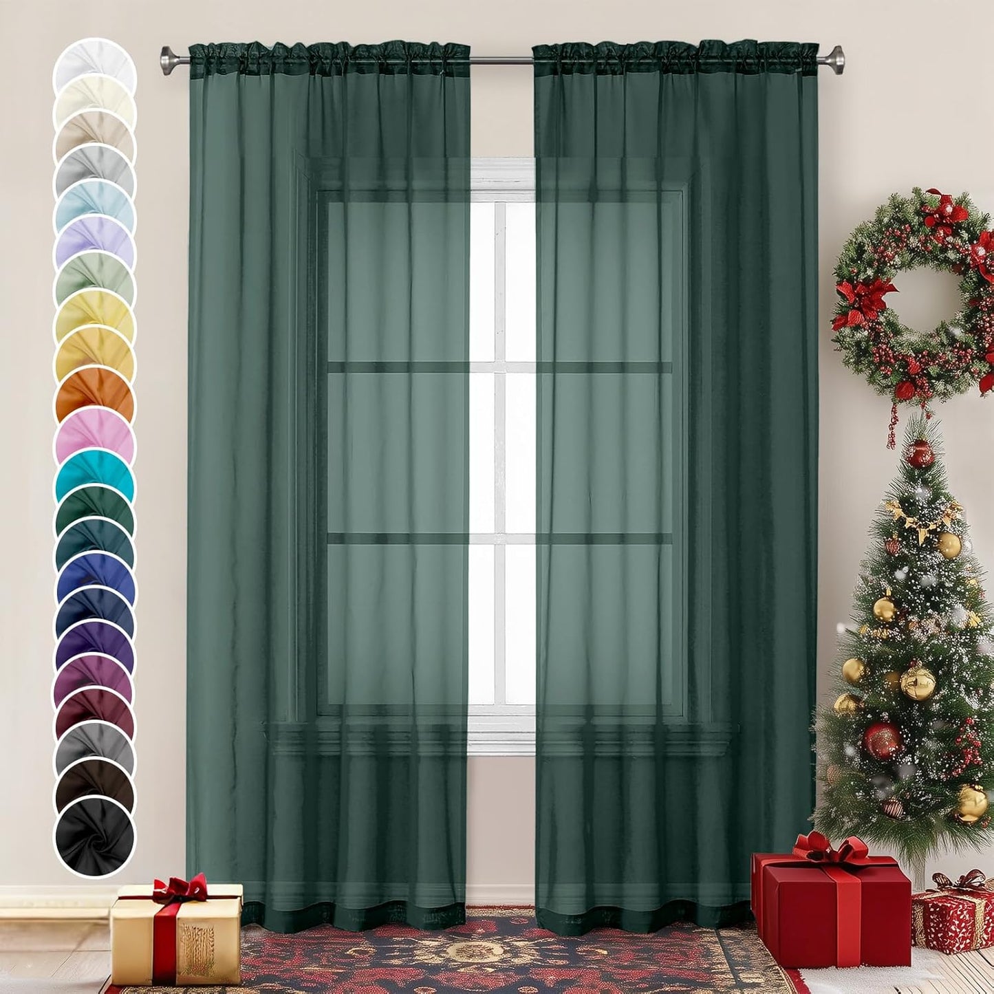 Chyhomenyc Hunter Green Sheer Curtains 84 inches Long 2 Panels Set, Light Filtering Rod Pocket Emerald Voile Sheer Drapes for Living Room Bedroom, 2PCS, Each 42W x 84L