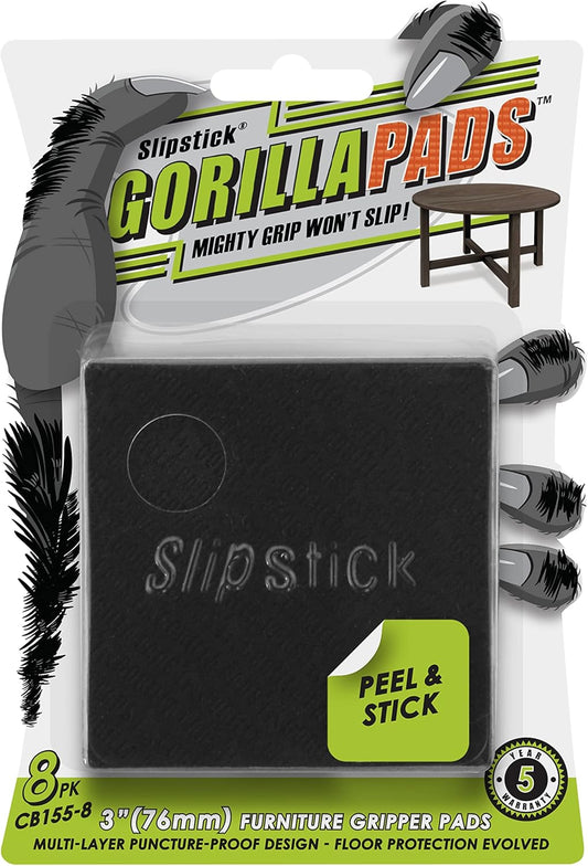 Slipstick GorillaPads Non Slip Furniture Pads/Gripper Feet Floor Protectors (Set of 8) Premium 3 Inch Square Self Adhesive Rubber Stoppers for Furniture Legs, Black, CB155-8