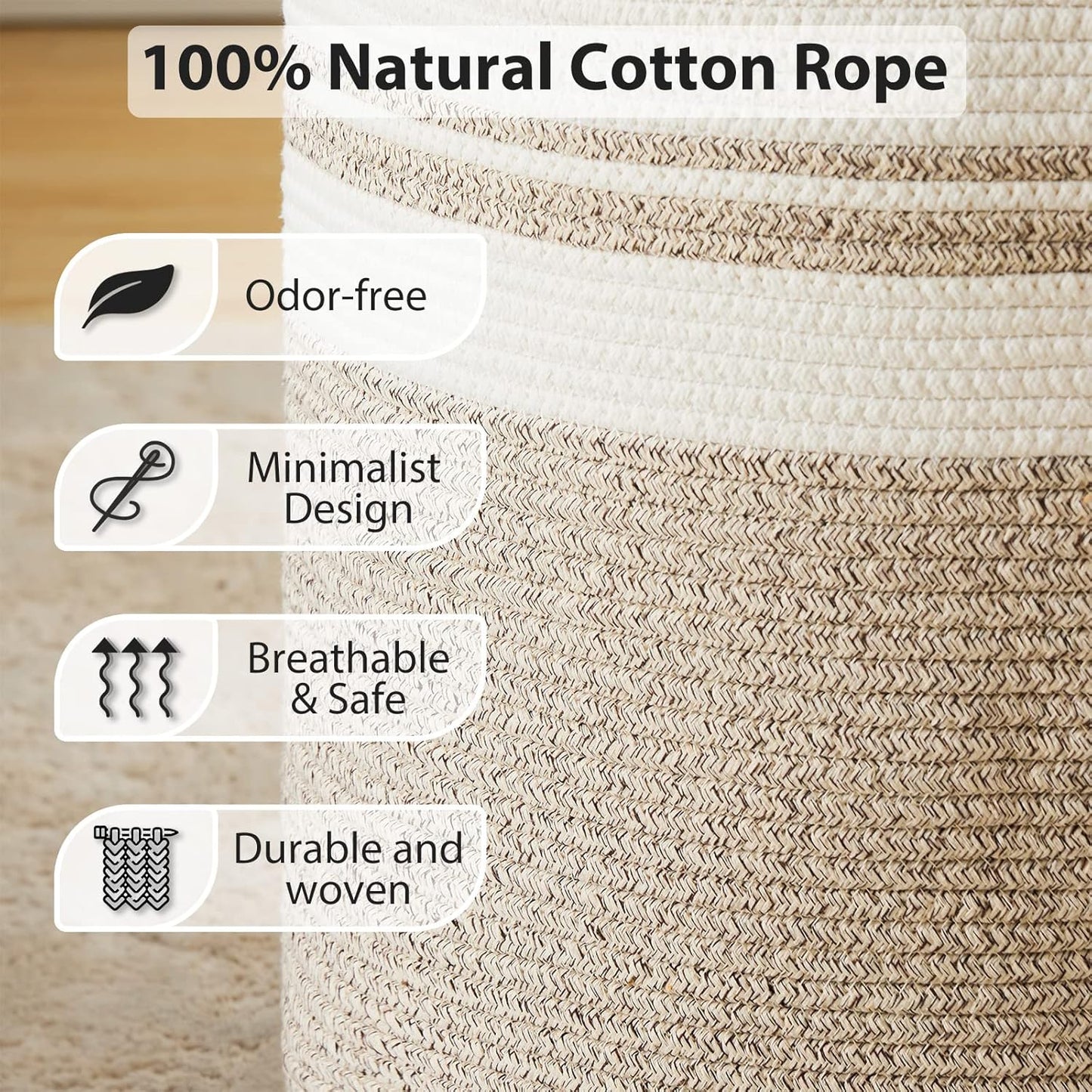 Fiona's magic 72L Large Woven Laundry Hamper, Tall Cotton Rope Storage Basket, Jute Baby Nursery Hamper for Blankets, Toys and Clothes in Bedroom and Living Room Organizing, Brown & White