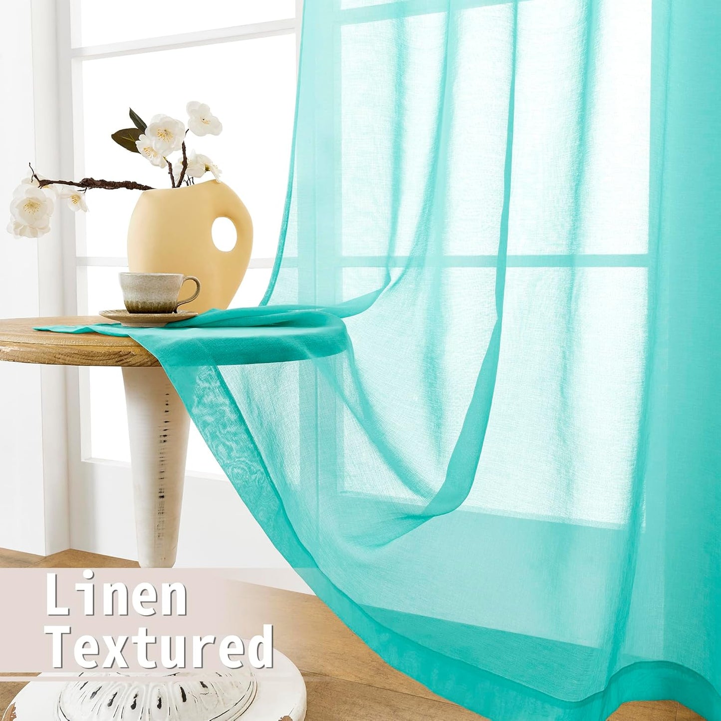 Tollpiz Sheer Door Curtain Closet Linen Textured Curtain Sheers Doorway Light Filtering Voile French Door Rod Pocket Curtains Patio Door, 25 x 80 inches Long, Aqua Blue, Set of 1 Panel