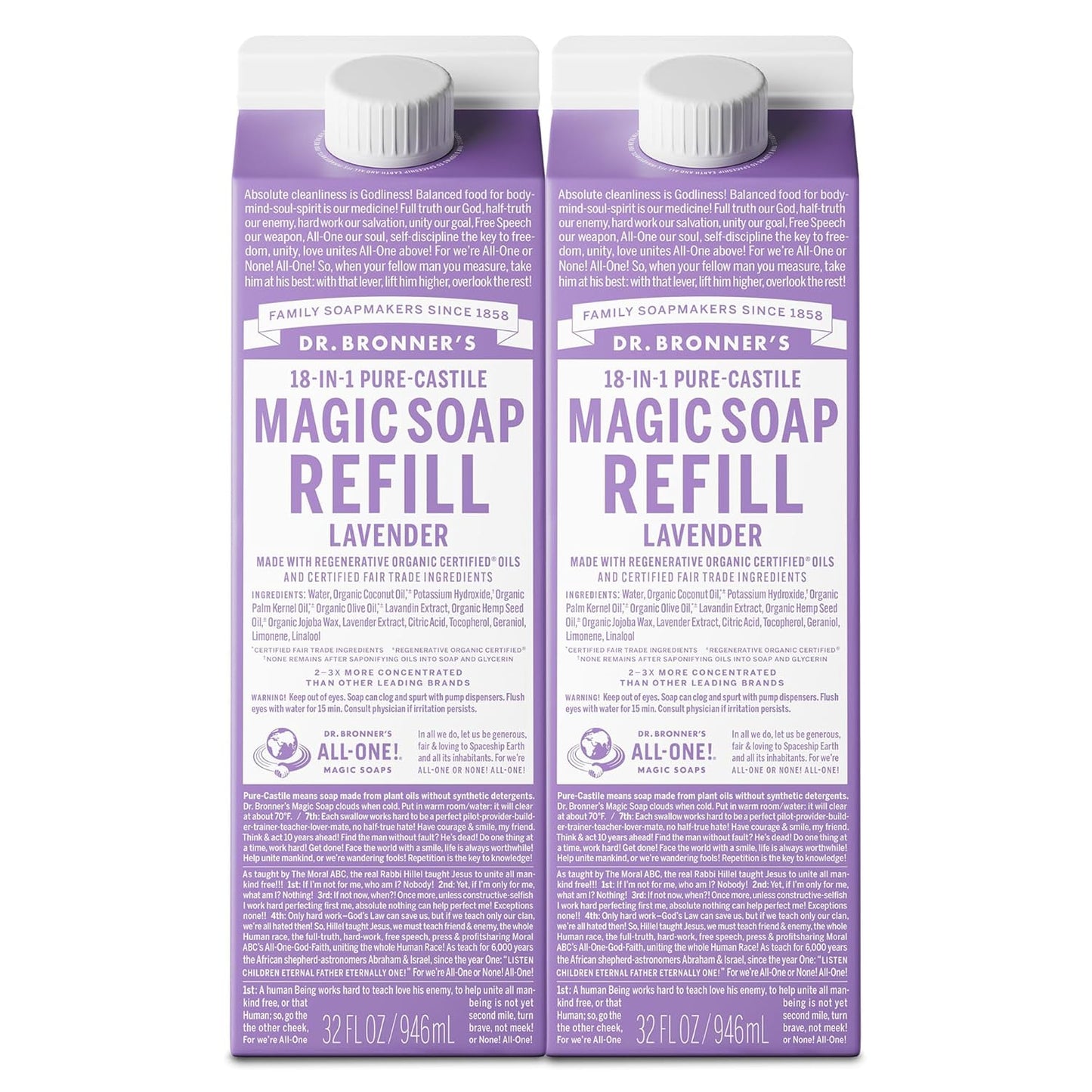 Dr. Bronner's Magic Soap-Pure-Castile Liquid Refill (Lavender, 32 ounce, 2-Pack) - Made with Regenerative Organic Certified Oils, For Body, Hair, Laundry, Pets & Dishes, Concentrated, Vegan, Non-GMO