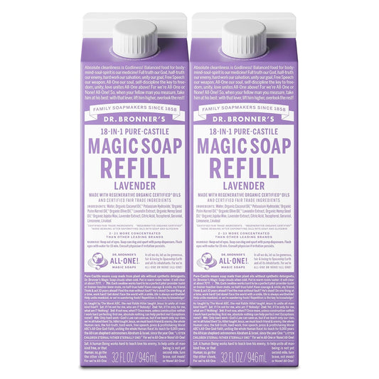 Dr. Bronner's Magic Soap-Pure-Castile Liquid Refill (Lavender, 32 ounce, 2-Pack) - Made with Regenerative Organic Certified Oils, For Body, Hair, Laundry, Pets & Dishes, Concentrated, Vegan, Non-GMO