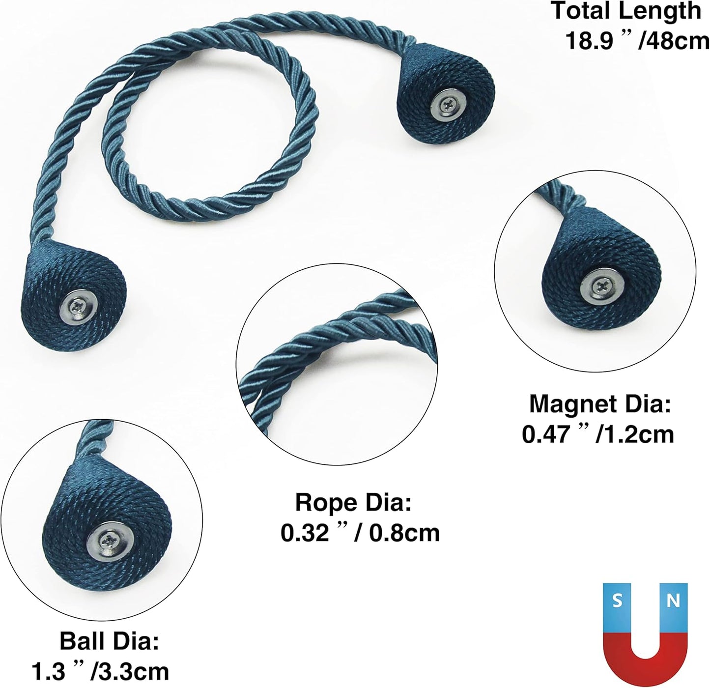 6 Pack Magnetic Curtain Tiebacks Rope Modern Handmade Curtain Tie Backs Decorative Drapes Weave Holdbacks for Window Décor, Blue
