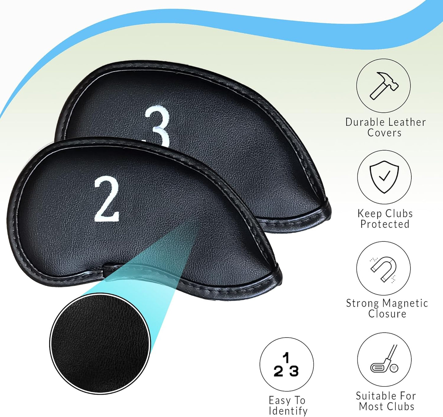 Premium Magnetic Leather Iron and Wedge Golf Club Head Covers | Set of 10 | Fits Most Clubs | Embroidered Club Label on Both Sides of Club Head Cover