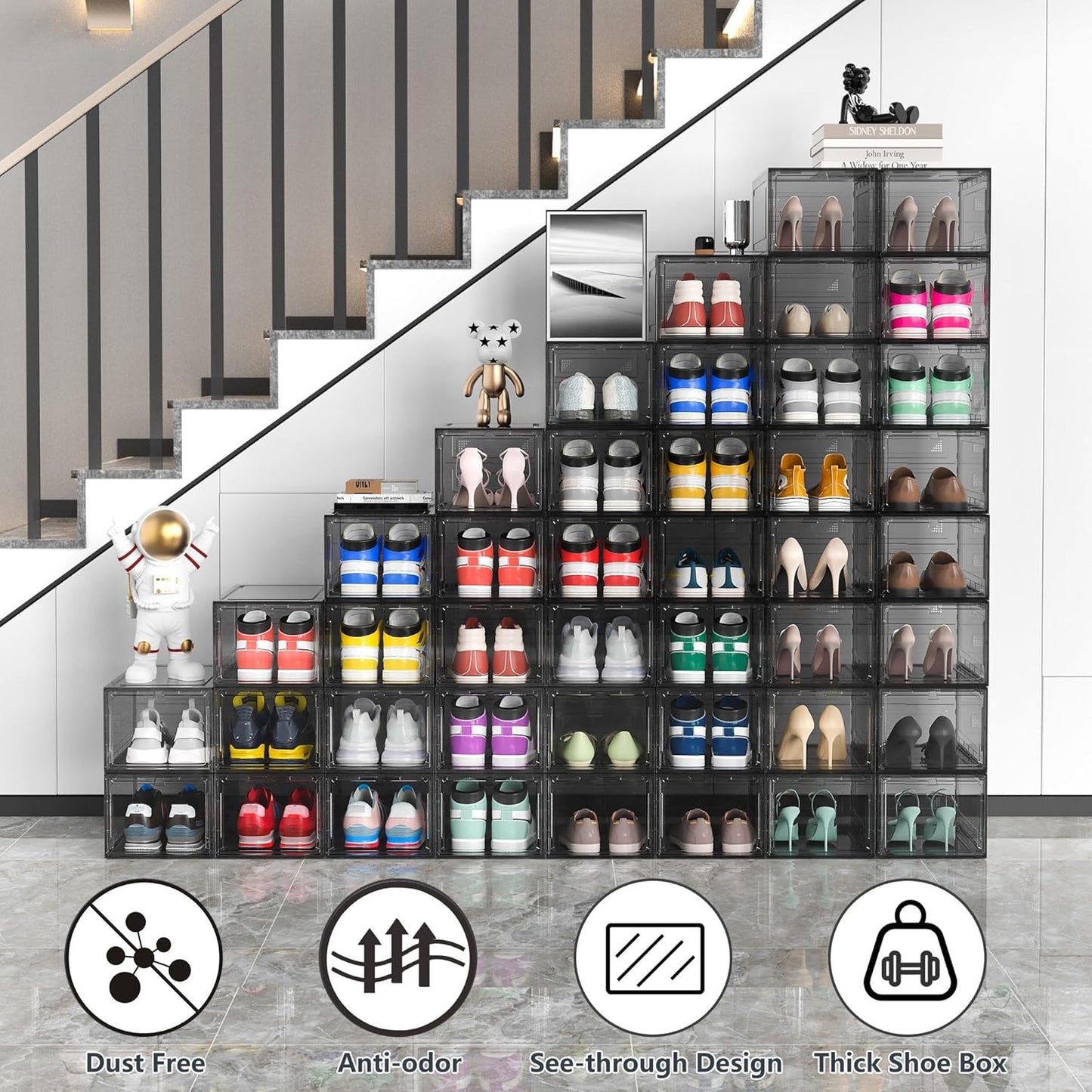 12 Pack Hard Sturdy Thickened Rigid XX Large Shoe Storage Organizer for Closet, Clear Stackable Sneaker Shoe Boxes Rack Containers Display Case Bins with Lids, Grey