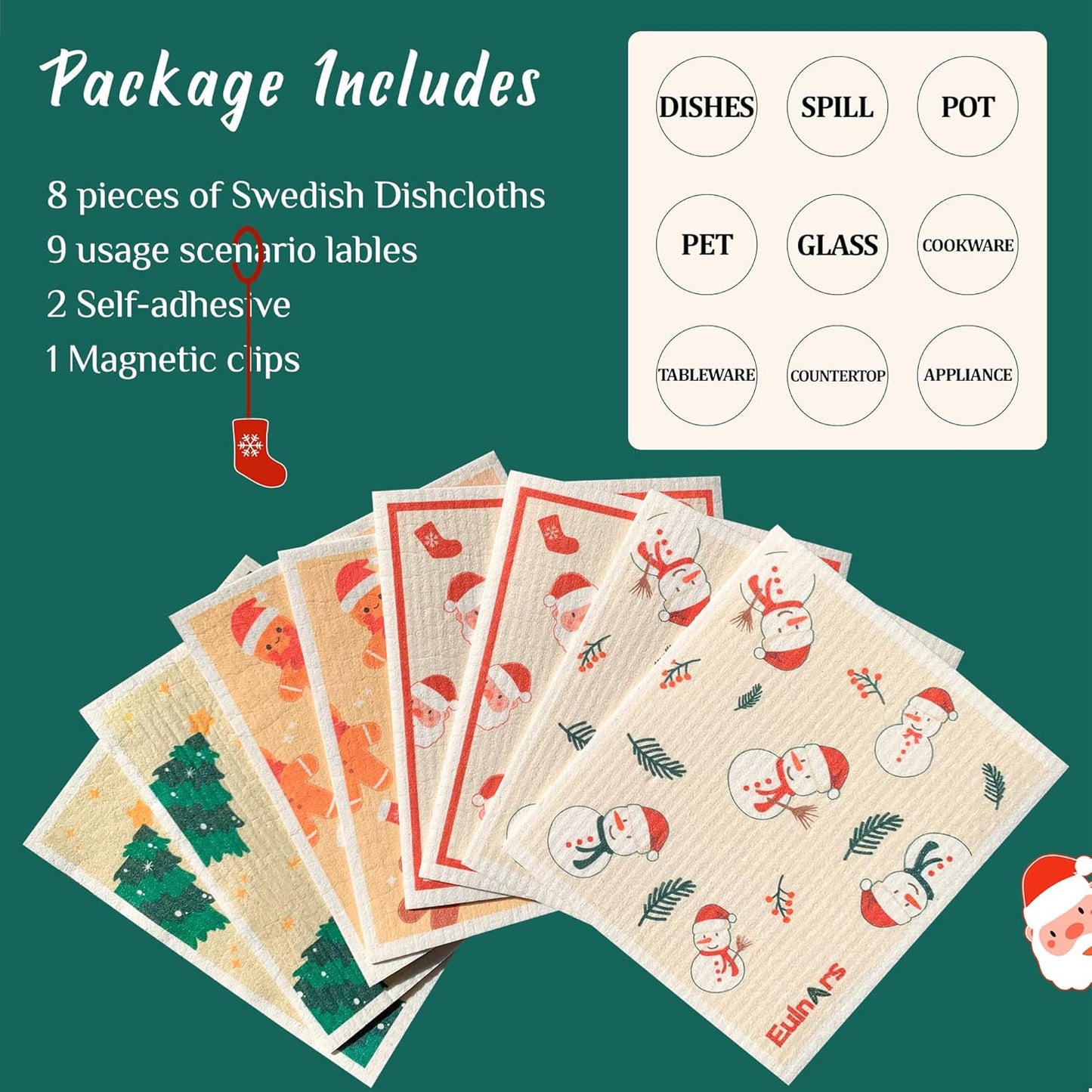 Reusable Paper Towels, Christmas Swedish Dishcloths for Kitchen 8-Pack, Non-Scratch Swedish Dish Towels, Super Absorbent Cellulose Dish Cloths, No Odor Cleaning Rags