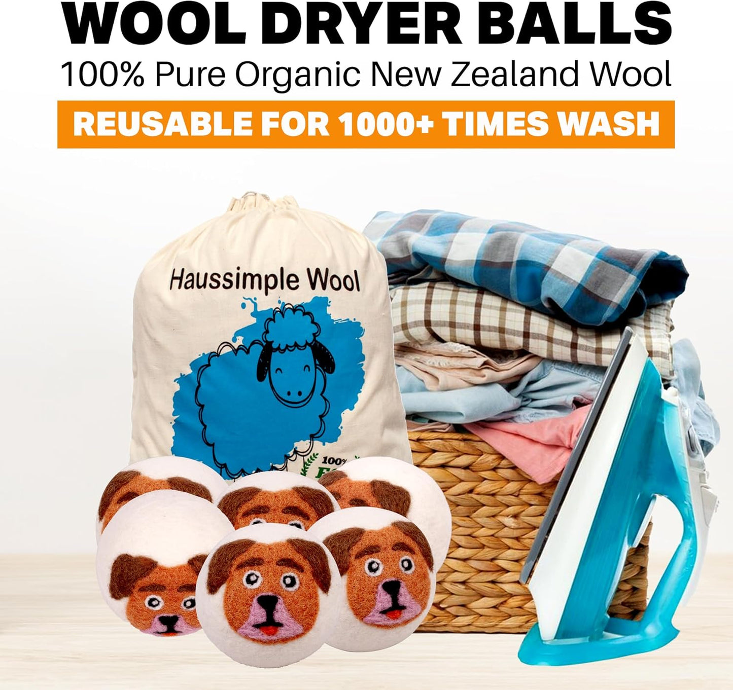 Wool Dryer Balls Organic Felt 6 Pack Laundry Fabric Softener, Extra Large Reusable Handmade Natural Sheep Wool Lint Wrinkle Free Anti Static Baby Safe (Orange Dog)