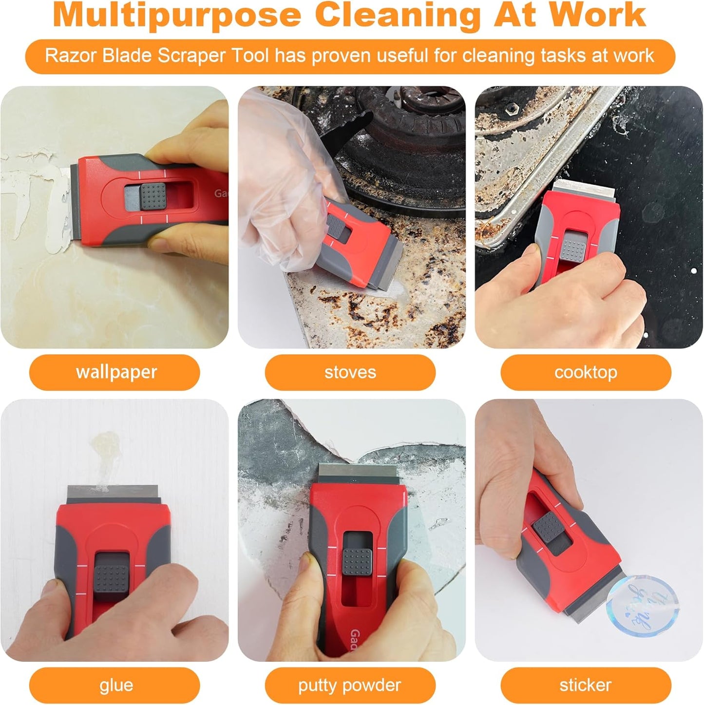 Upgraded Razor Blade Scraper with 2 Pcs Plastic Scraper, Scraper Tool for Cooktop, Oven, Stove, Labels Decal, Plastic Razor Blades for Cleaning Glass Window, Razor Scraper Buit-In Blade torage, Gray