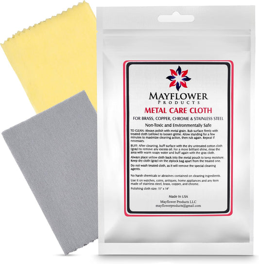 Mayflower Polishing Cloth for Stainless Steel Copper Brass Chrome Made in USA Non Toxic 2 Cotton Cleaning Set 11 x 14 in ea.User-Friendly Cleaner for Kitchen Watch Musical Instruments Coins Antiques