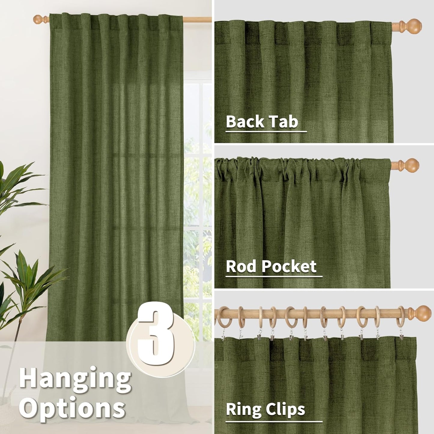 YoungsTex Olive Green Linen Curtains 63 Inch Length for Living Room, Rod Pocket Back Tab Light Filtering Drapes Semi Sheer Window Treatments for Bedroom Farmhouse, 2 Panels, 42 X 63 Inch