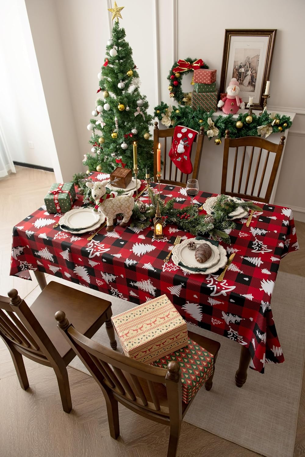 Gingham Xmas Tablecloth Fabric - Oblong 58x120 Water Resistant Christmas Tree Plaid Table Cloth for Indoor/Outdoor Use - Red Tabletop Cover Perfect for Birthday, Picnics, Gardens