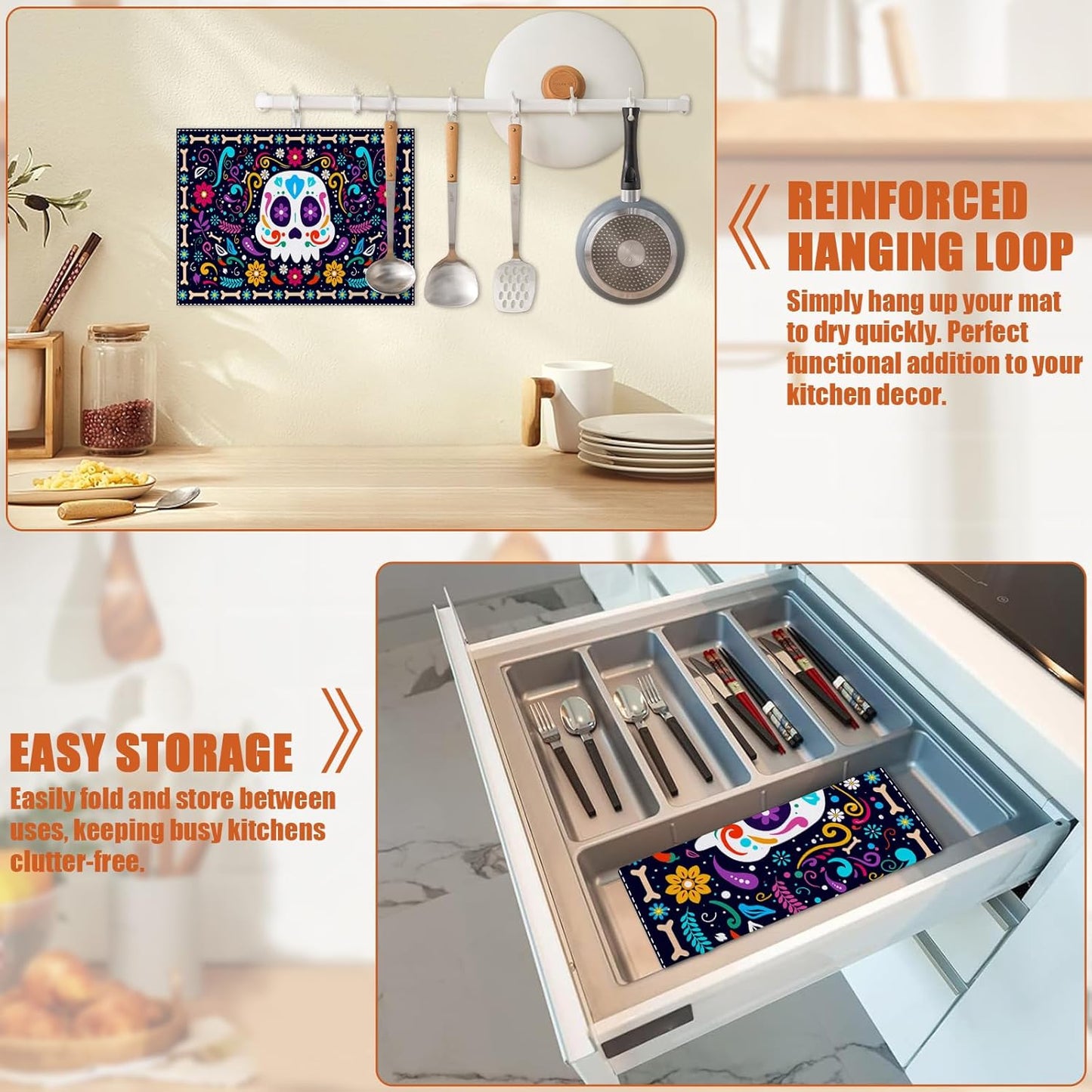 Sugar Skull Dish Drying Mat for Kitchen Counter Microfiber Absorbent Dish Day of the Dead Kitchen Drying Mat Draining Reusable Washable for Dishes/Utensils/Counterto