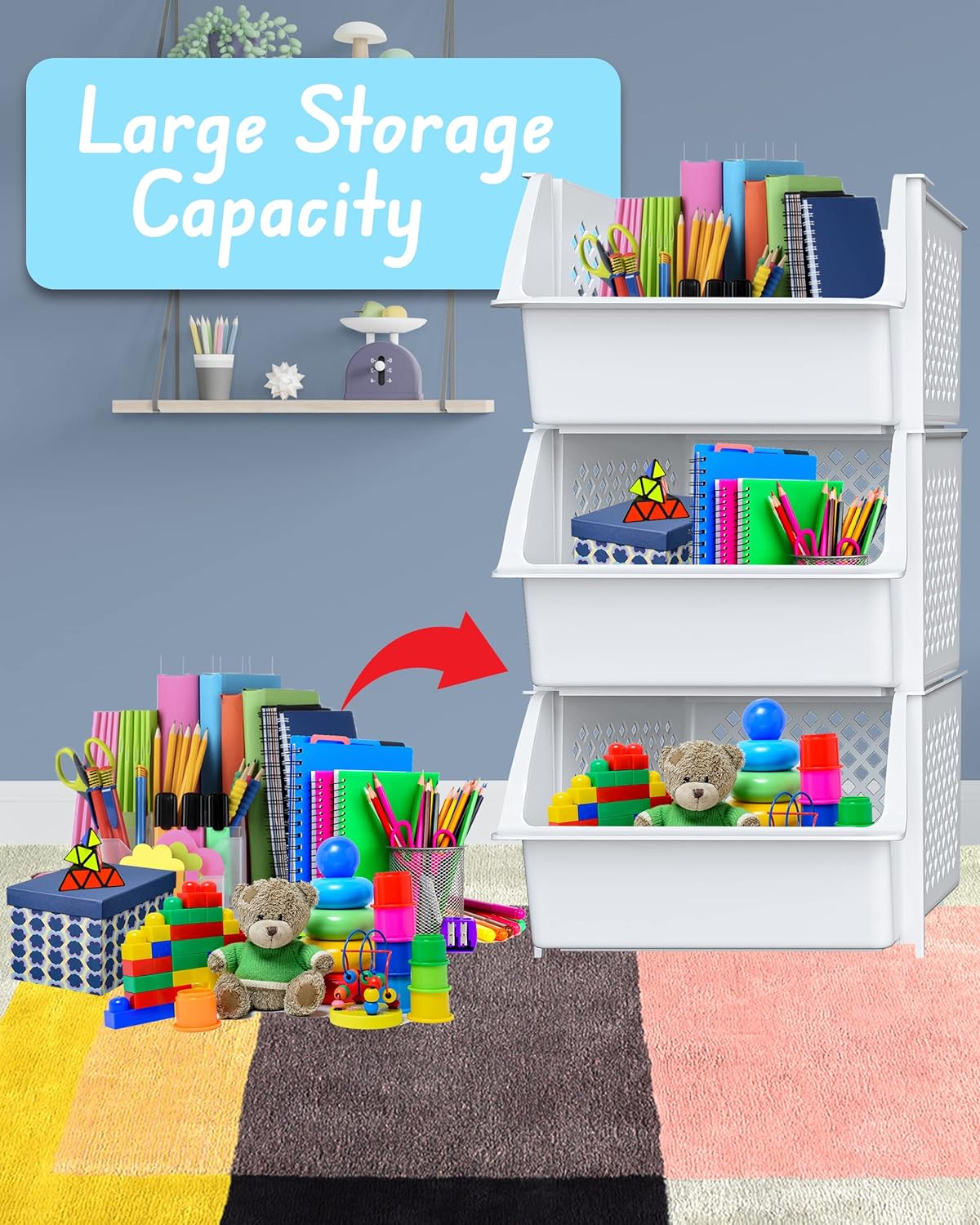 Skywin TidyFriend Plastic Stackable Storage Bins for Pantry, 3 Pack White Stackable Bins For Organizing Food, Kitchen, and Bathroom Essentials (White)