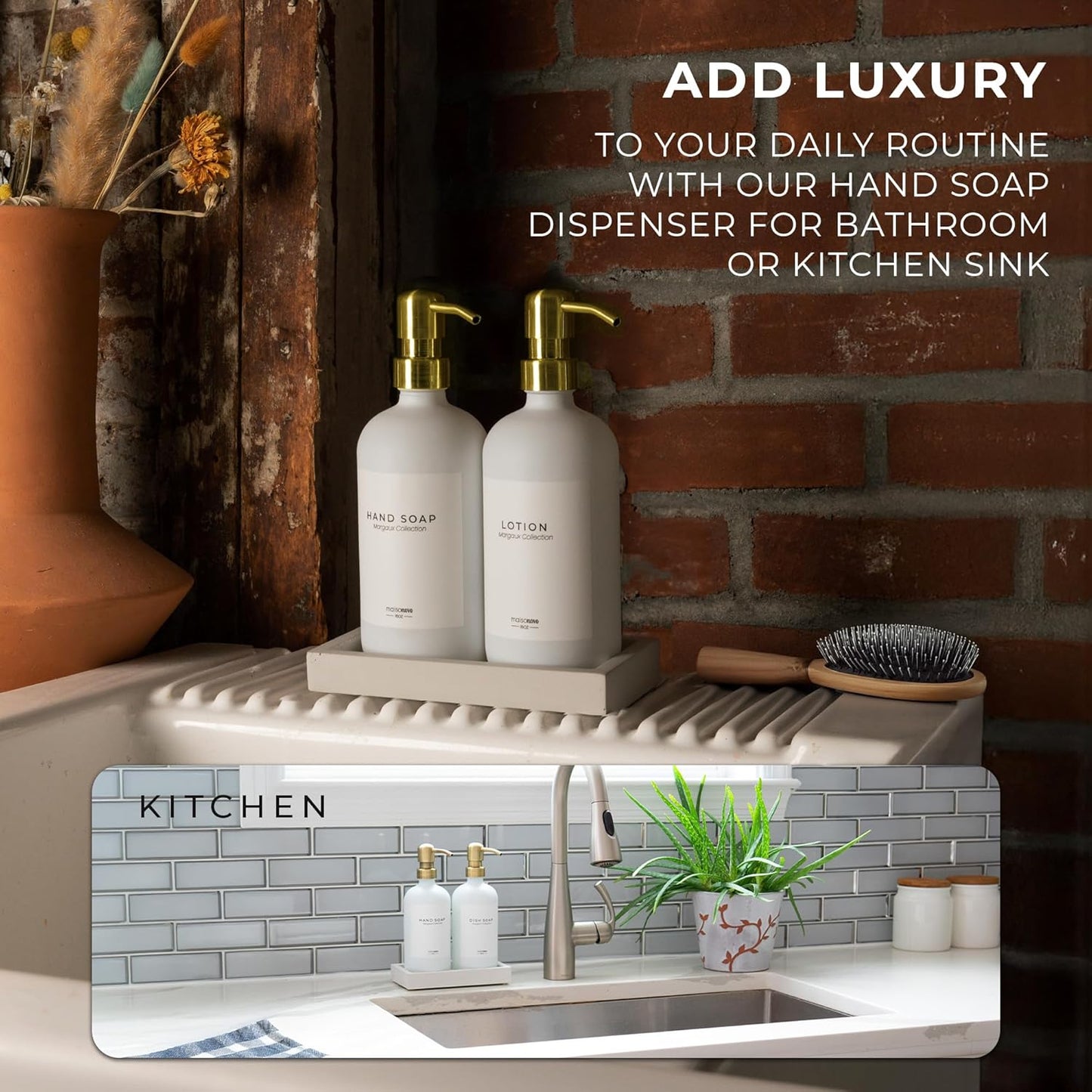 MaisoNovo Soap Dispenser 3-Piece Set | 16.9oz White Bottles with Gold Stainless Steel Pumps