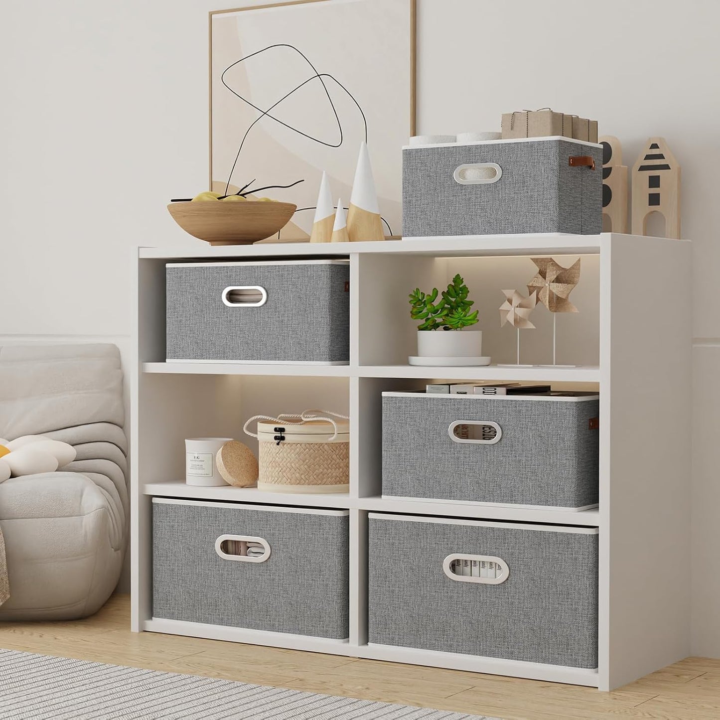 Yawinhe Fabric Storage Bins with Handles, Foldable Baskets for Shelves, Cubes with 3 Handles, Large Boxes for Clothes, Grey, 16.9''Lx11.8''Wx10.2''H, 4-Pack