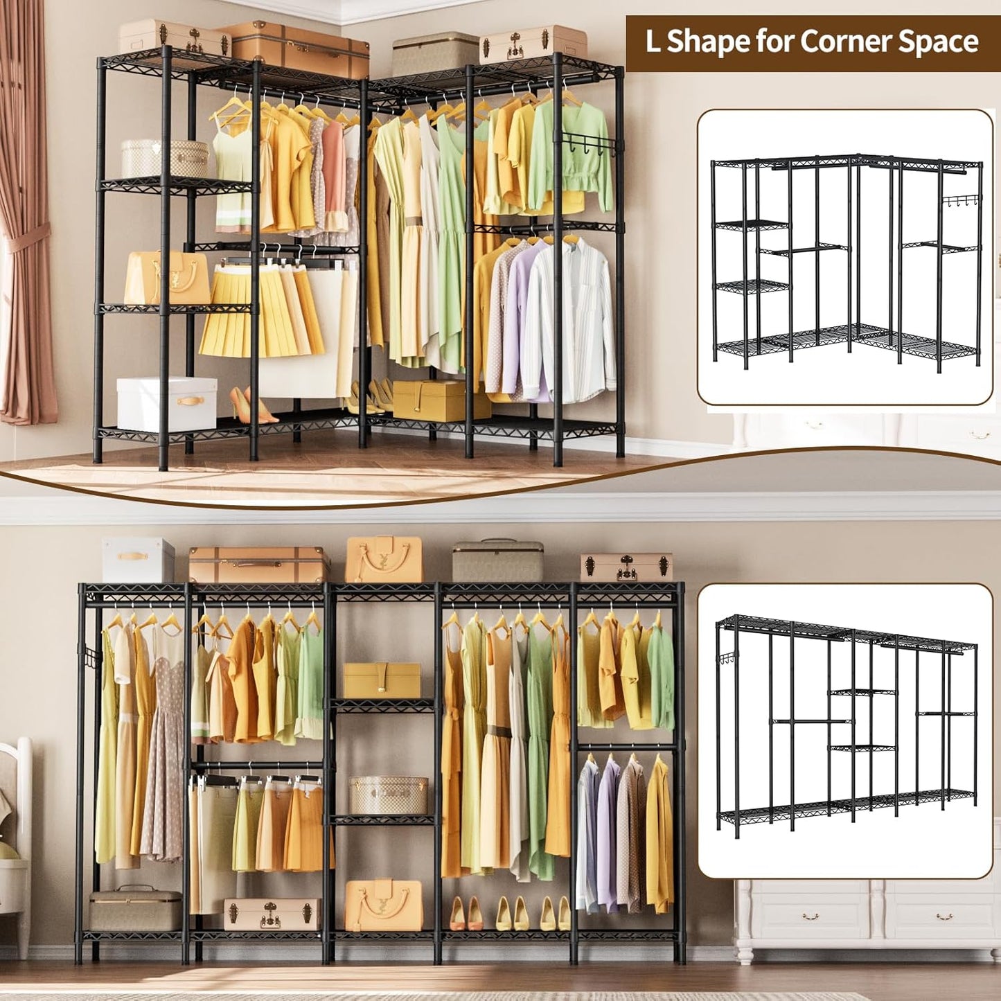 L Shaped Heavy Duty Metal Clothes Rack for Hanging Clothes,Freestanding Garment Rack Closet Wardrobe Rack Clothing Rack with 4 Hanging Rods & 1 Side Hook,50"Lx 50"Wx 76.4"H,Max Load 1100LBS